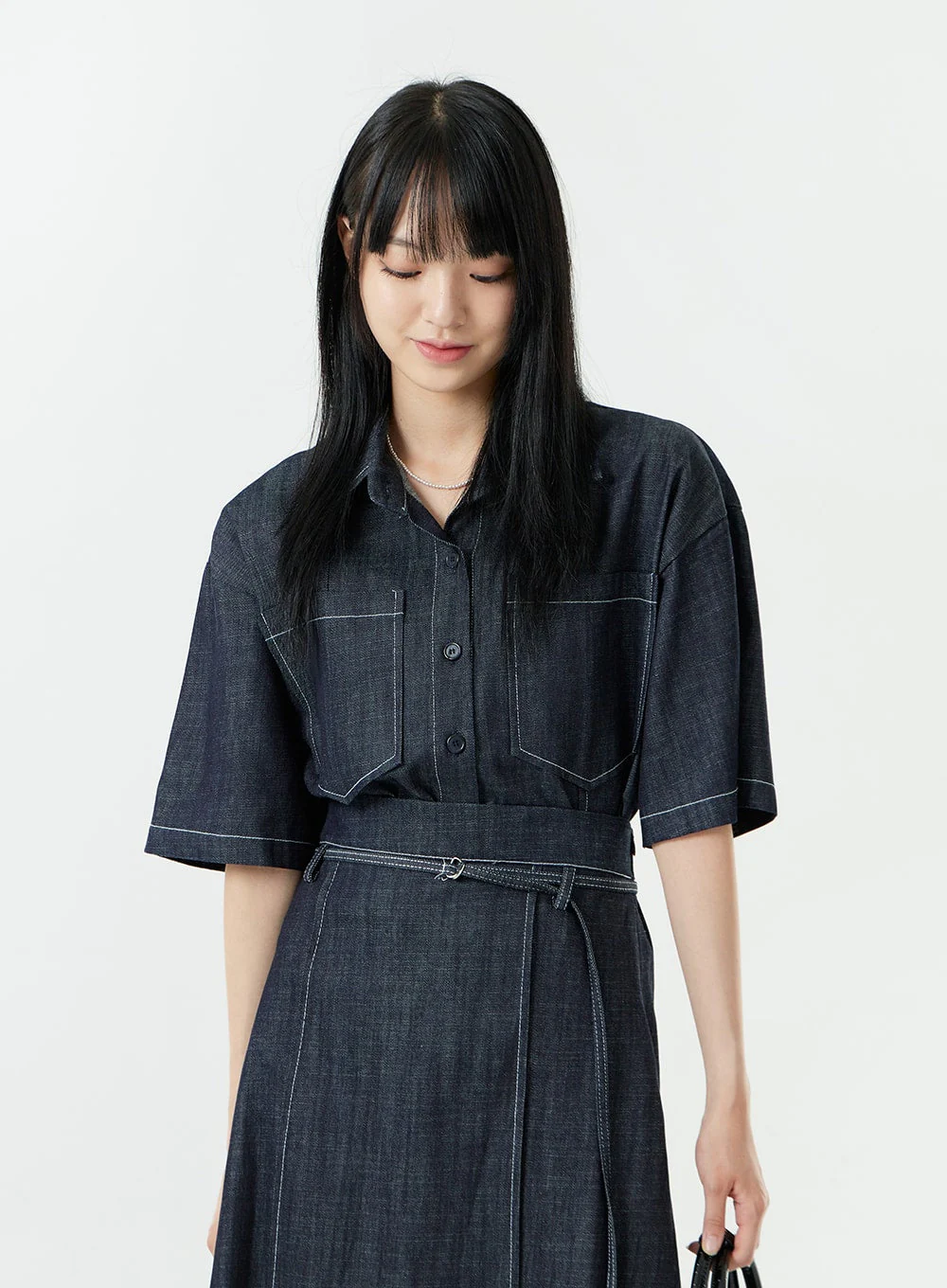 Stitch Denim Set-Up Blouse with Pocket OG23 - Image 4