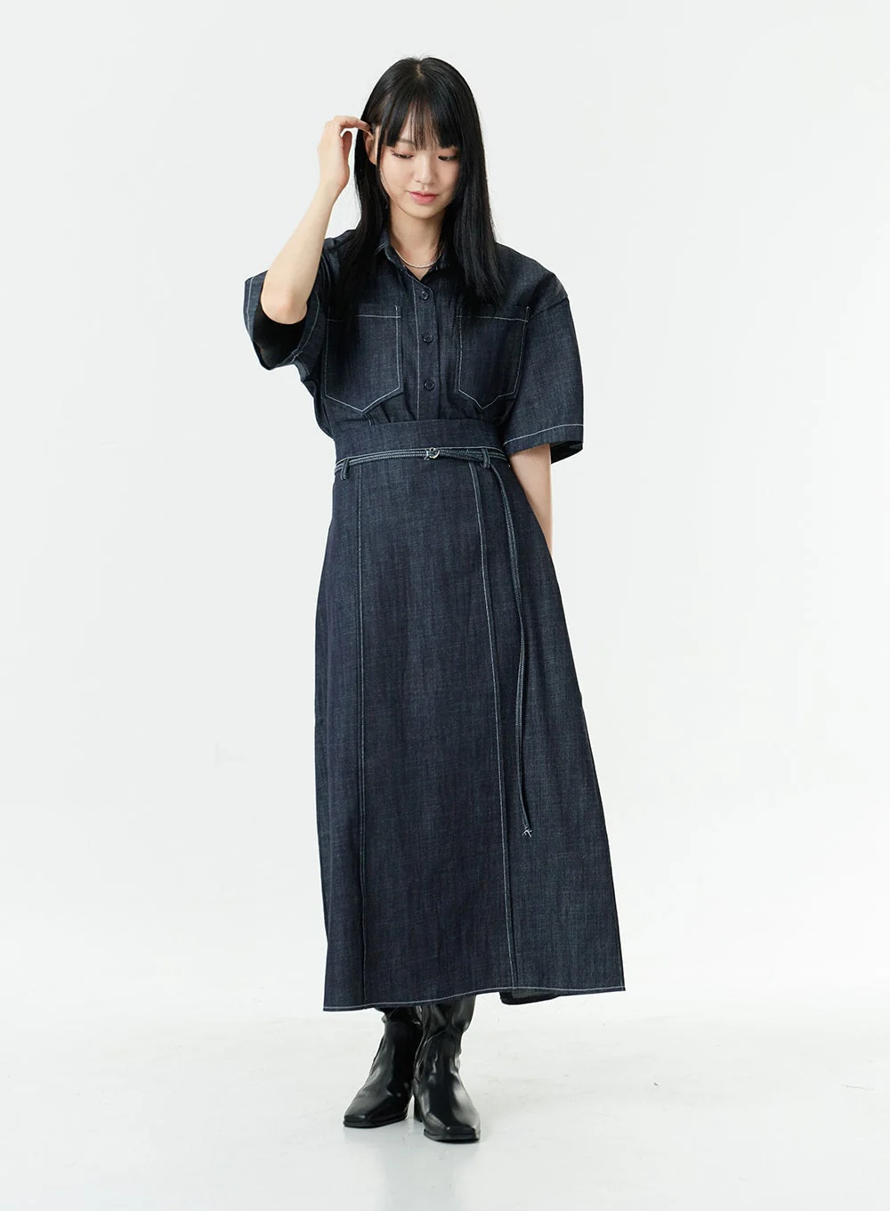 Stitch Denim Set-Up Blouse with Pocket OG23 - Image 8