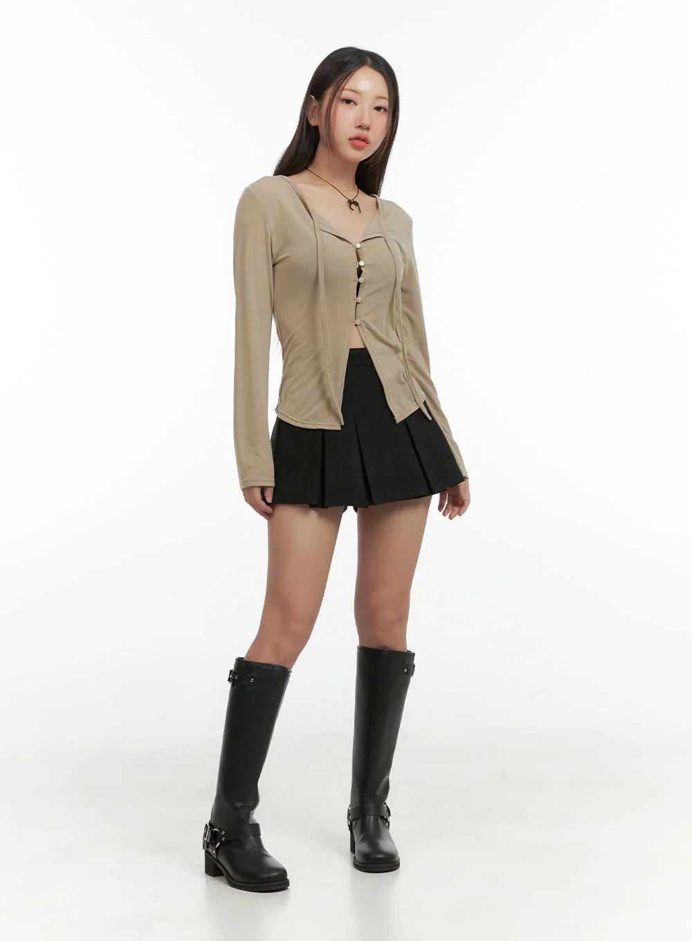 String Detail Long Sleeve Button Top CO417 - Image 2