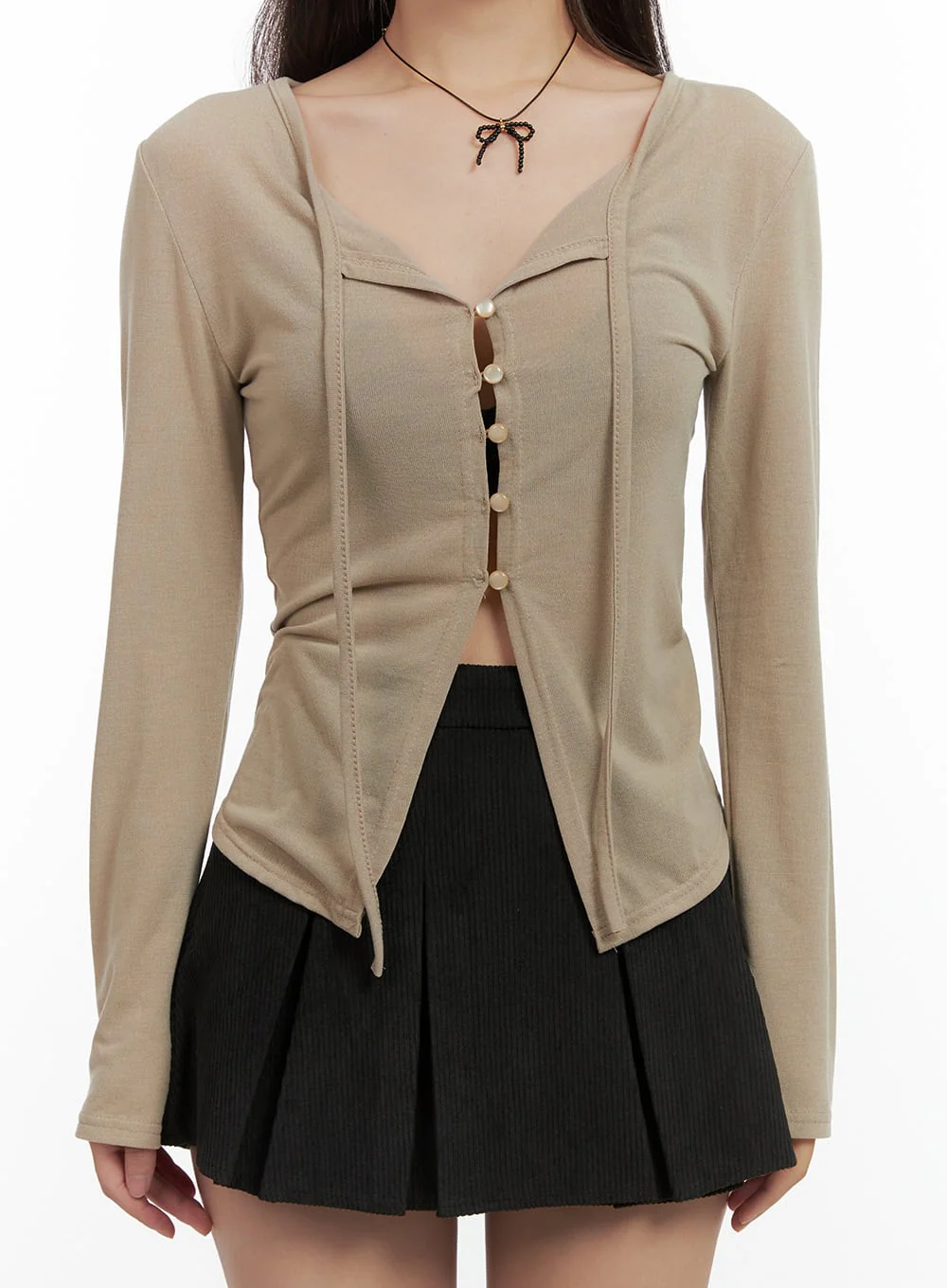 String Detail Long Sleeve Button Top CO417 - Image 3