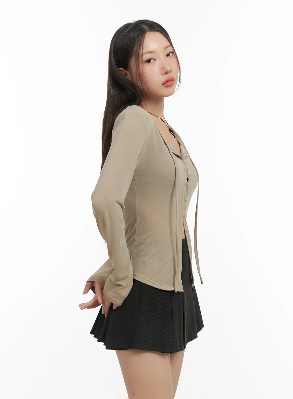 String Detail Long Sleeve Button Top CO417 - Image 4