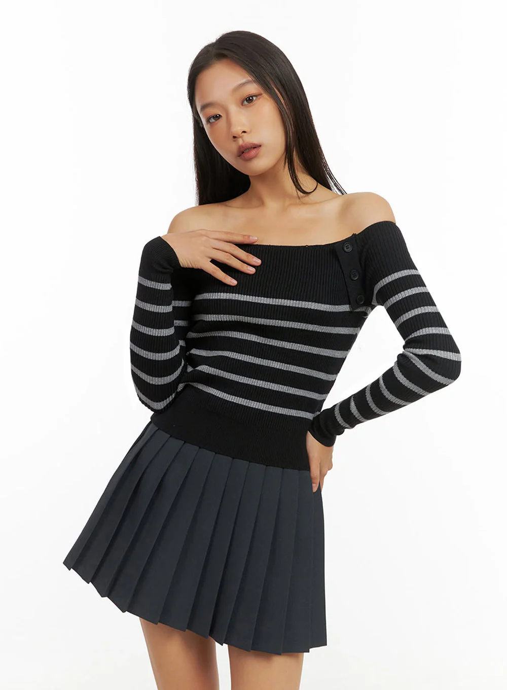 Stripe Buttoned Off-Shoulder Top IO409 - Image 10