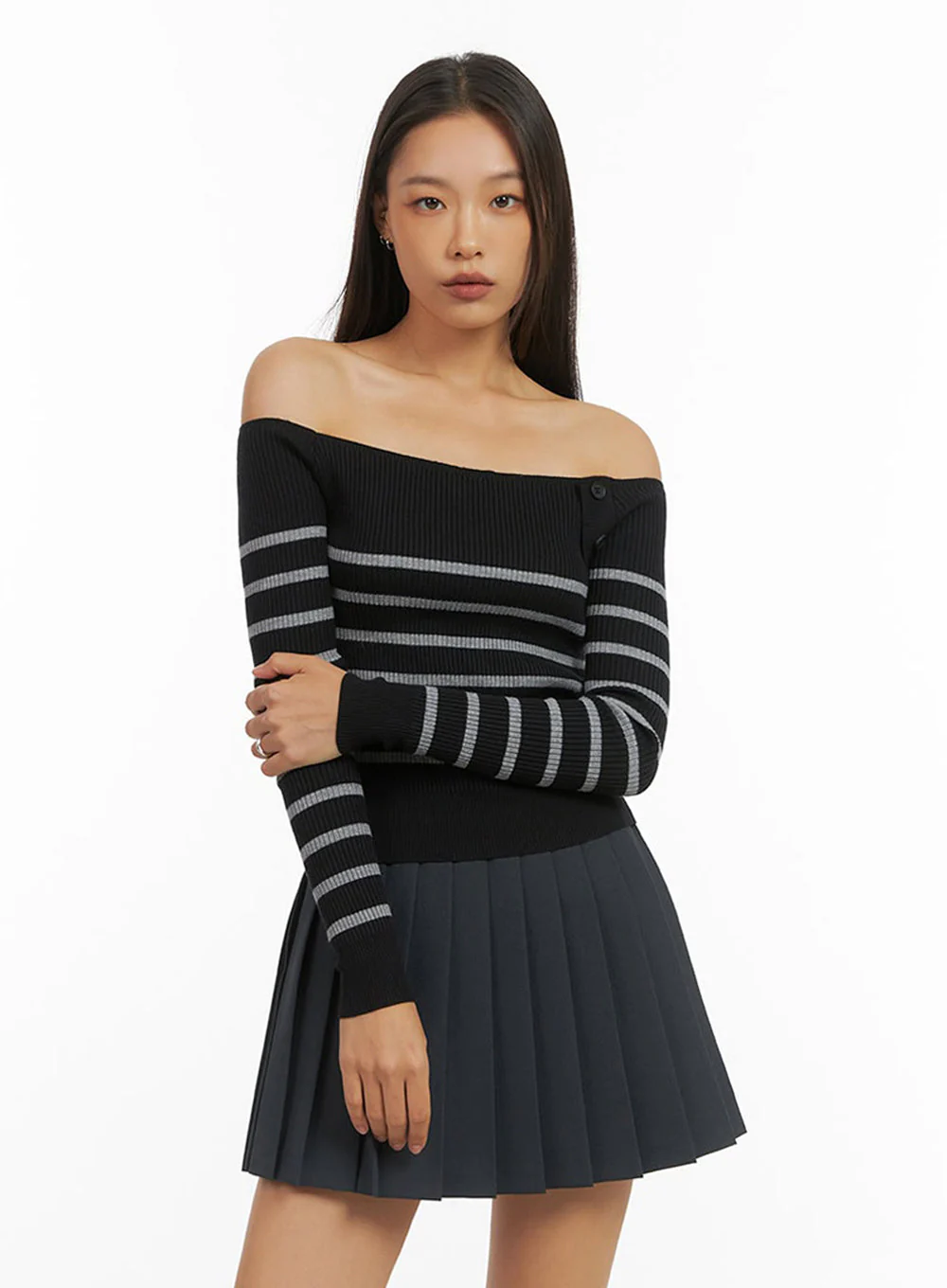 Stripe Buttoned Off-Shoulder Top IO409 - Image 11