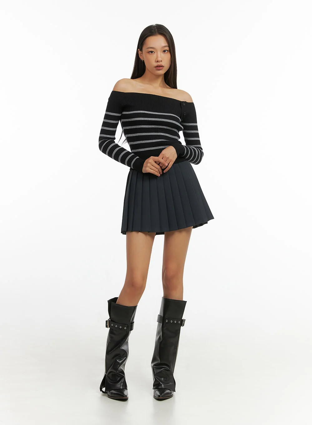 Stripe Buttoned Off-Shoulder Top IO409 - Image 3