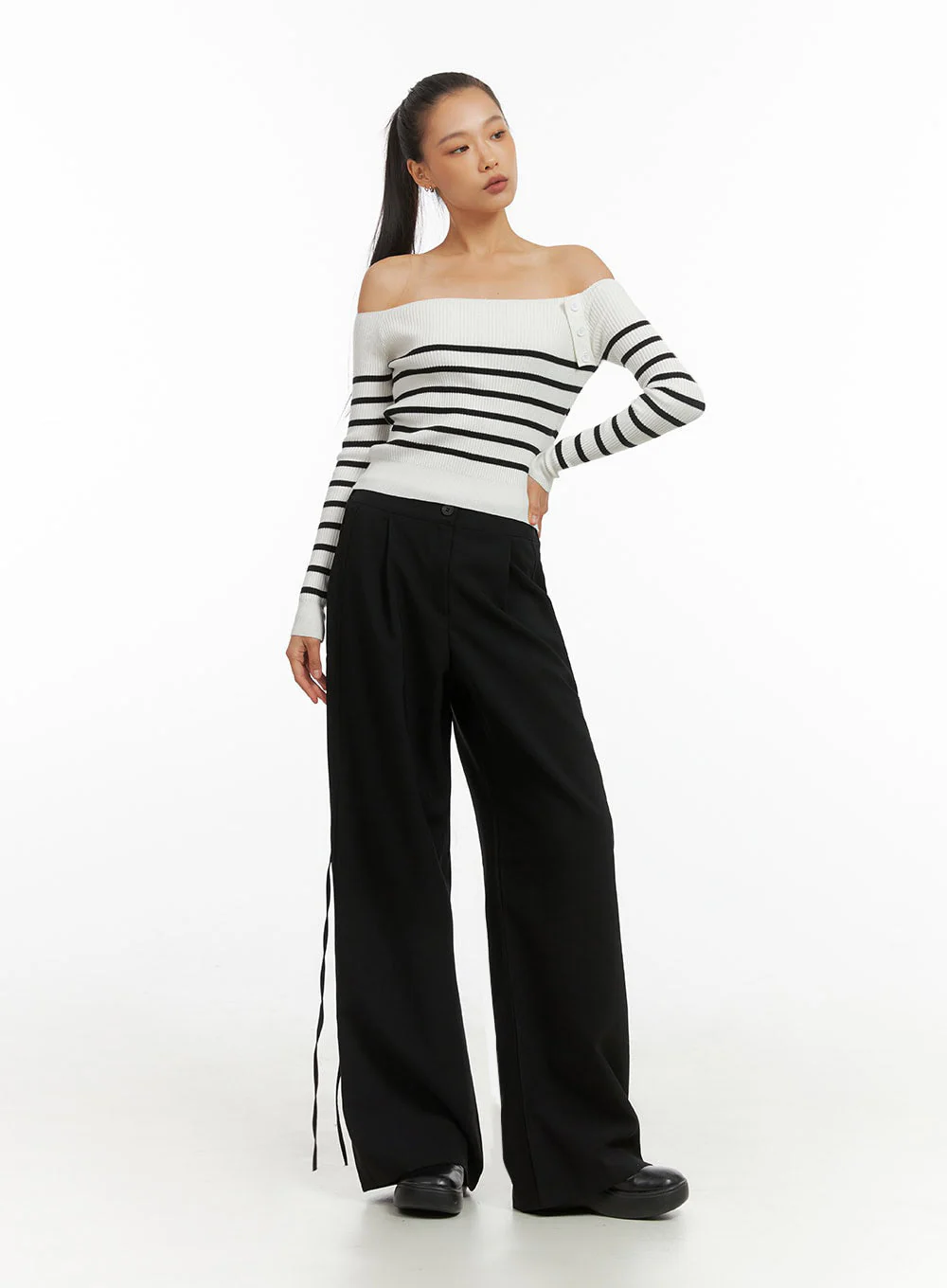 Stripe Buttoned Off-Shoulder Top IO409 - Image 4