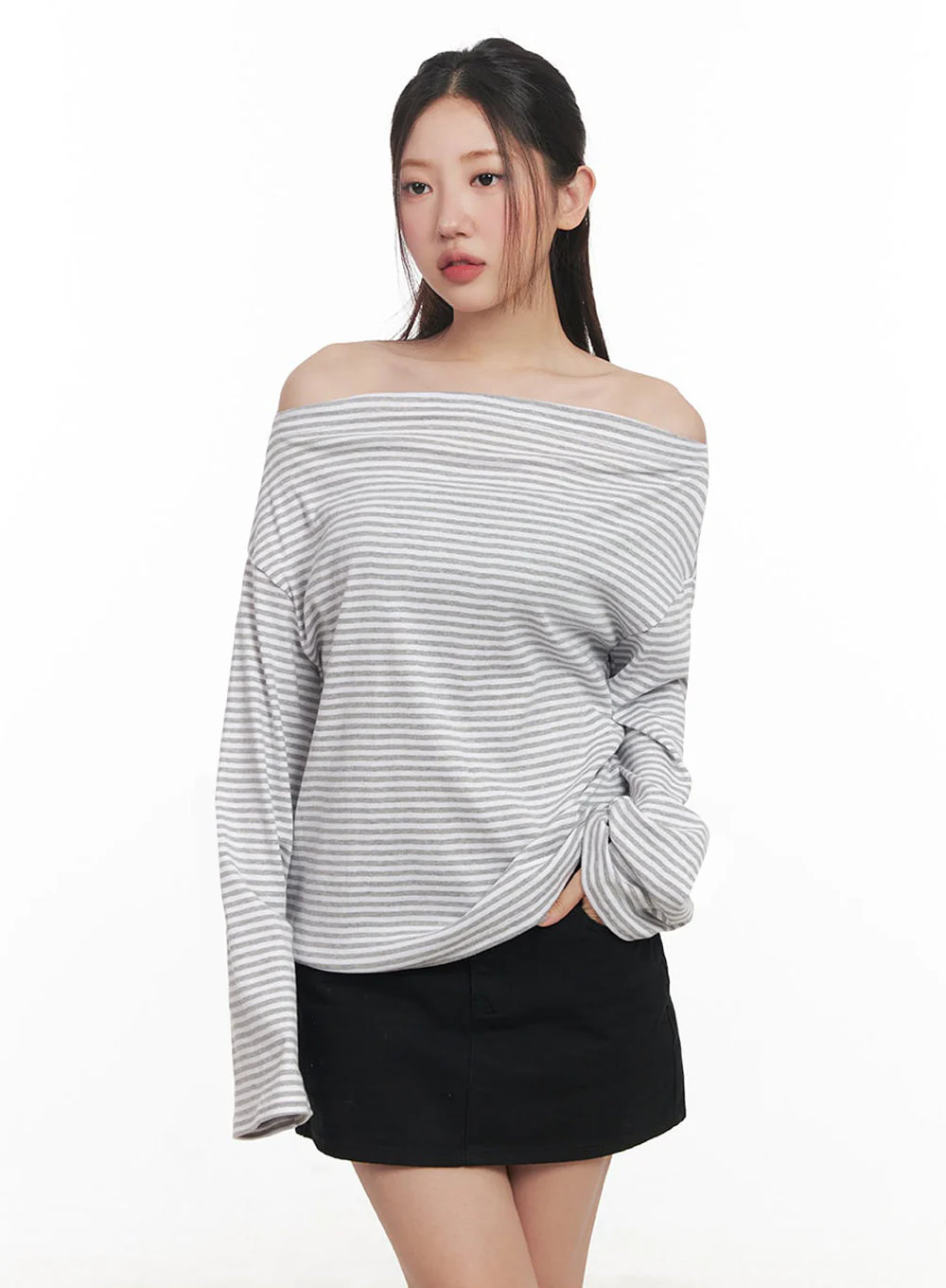 Stripe Long-Sleeve Off-Shoulder Top IM524 - Image 11