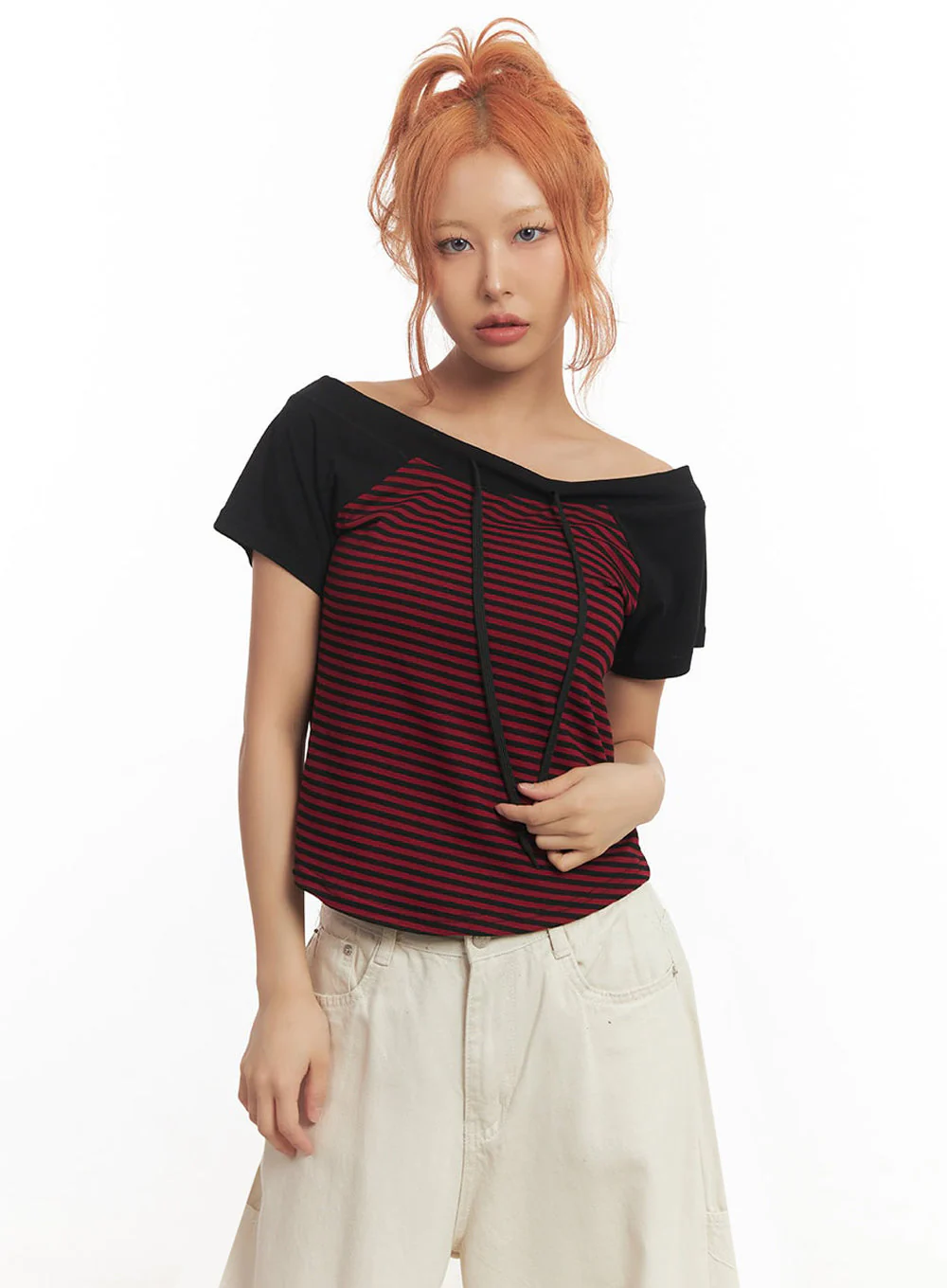 Stripe Off-Shoulder Hooded Top IA517 - Image 15