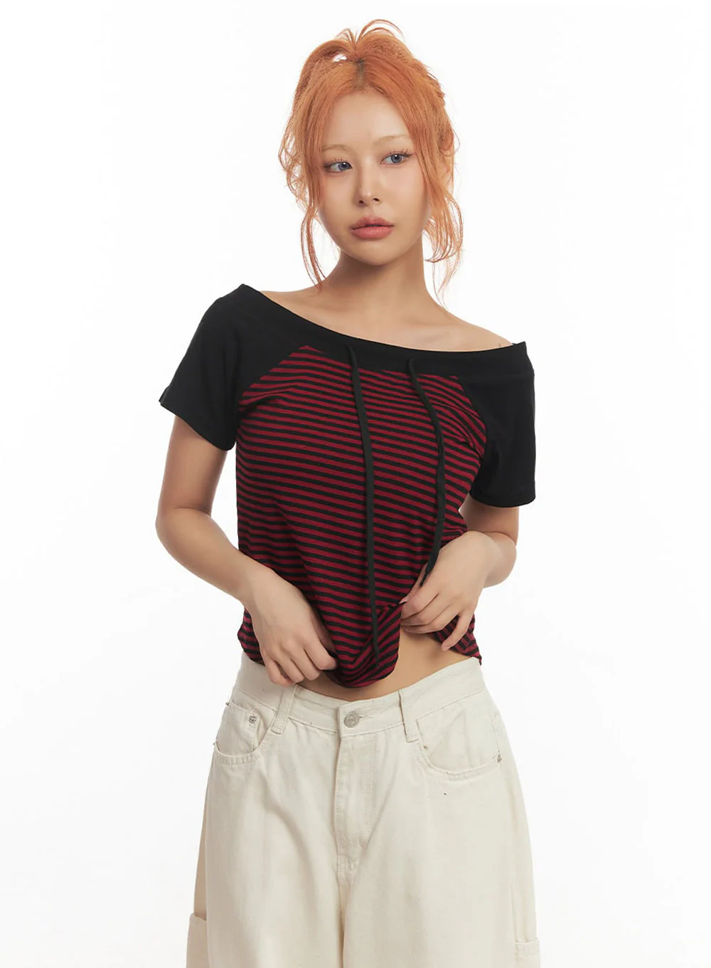Stripe Off-Shoulder Hooded Top IA517 - Image 2