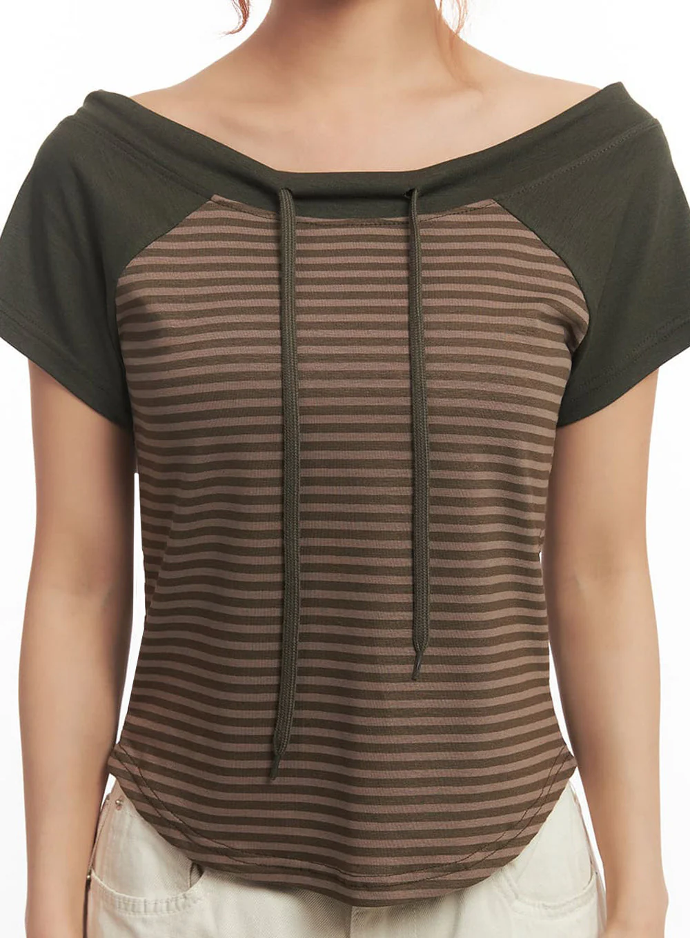 Stripe Off-Shoulder Hooded Top IA517 - Image 4