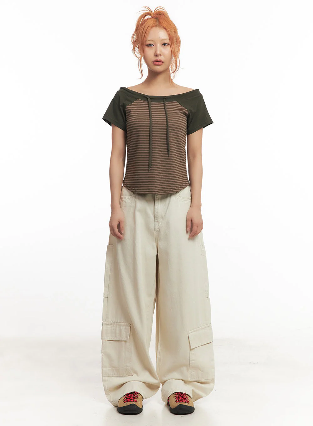 Stripe Off-Shoulder Hooded Top IA517 - Image 5