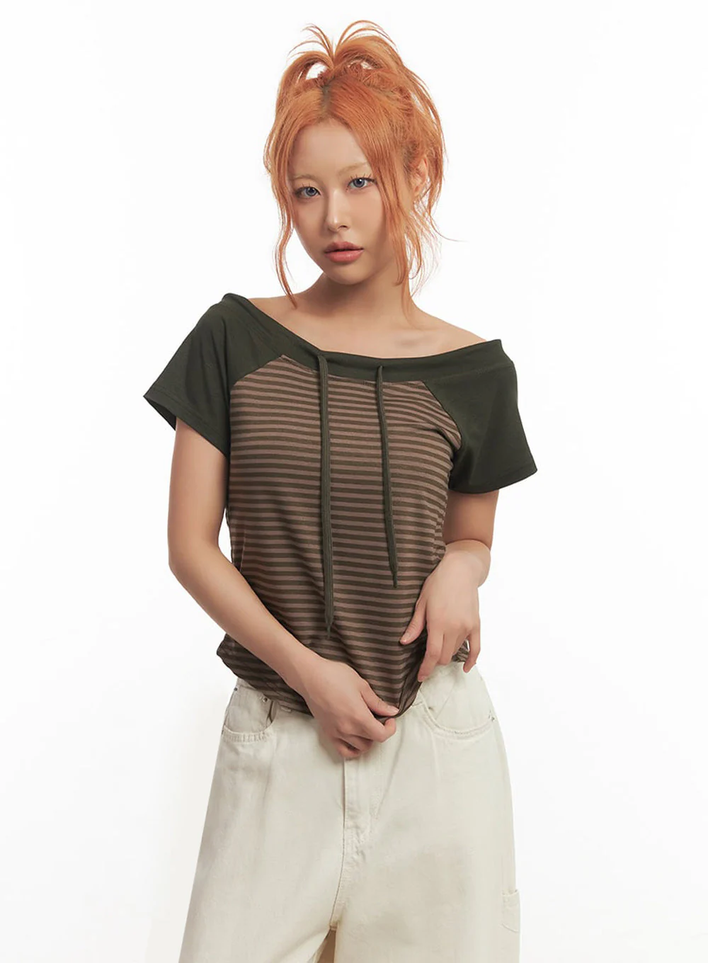 Stripe Off-Shoulder Hooded Top IA517 - Image 7
