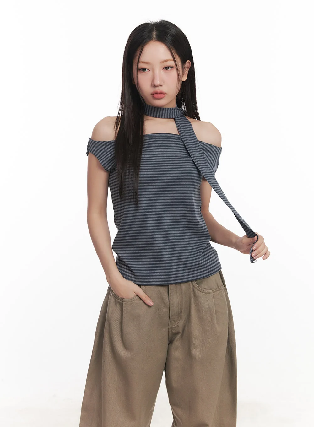 Stripe Off-Shoulder Top with Scarf CA521 - Image 10