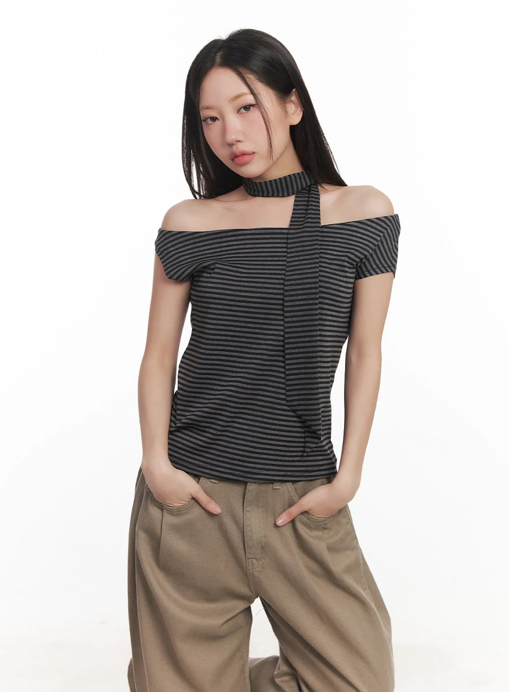Stripe Off-Shoulder Top with Scarf CA521 - Image 11