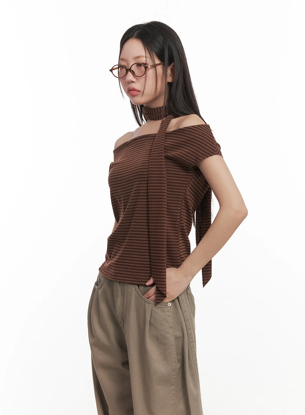 Stripe Off-Shoulder Top with Scarf CA521 - Image 3