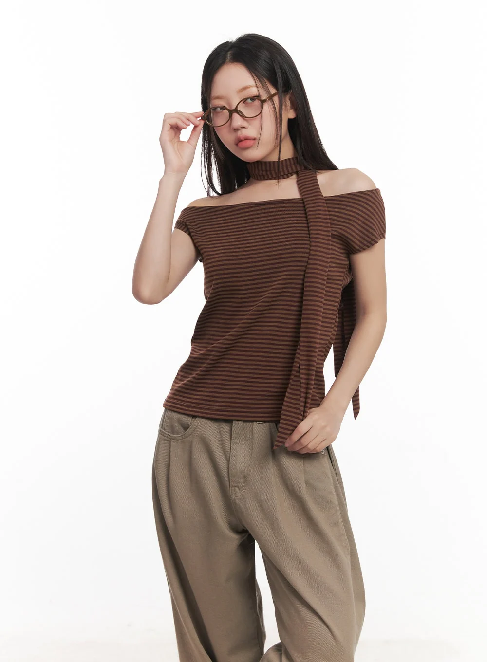 Stripe Off-Shoulder Top with Scarf CA521 - Image 9