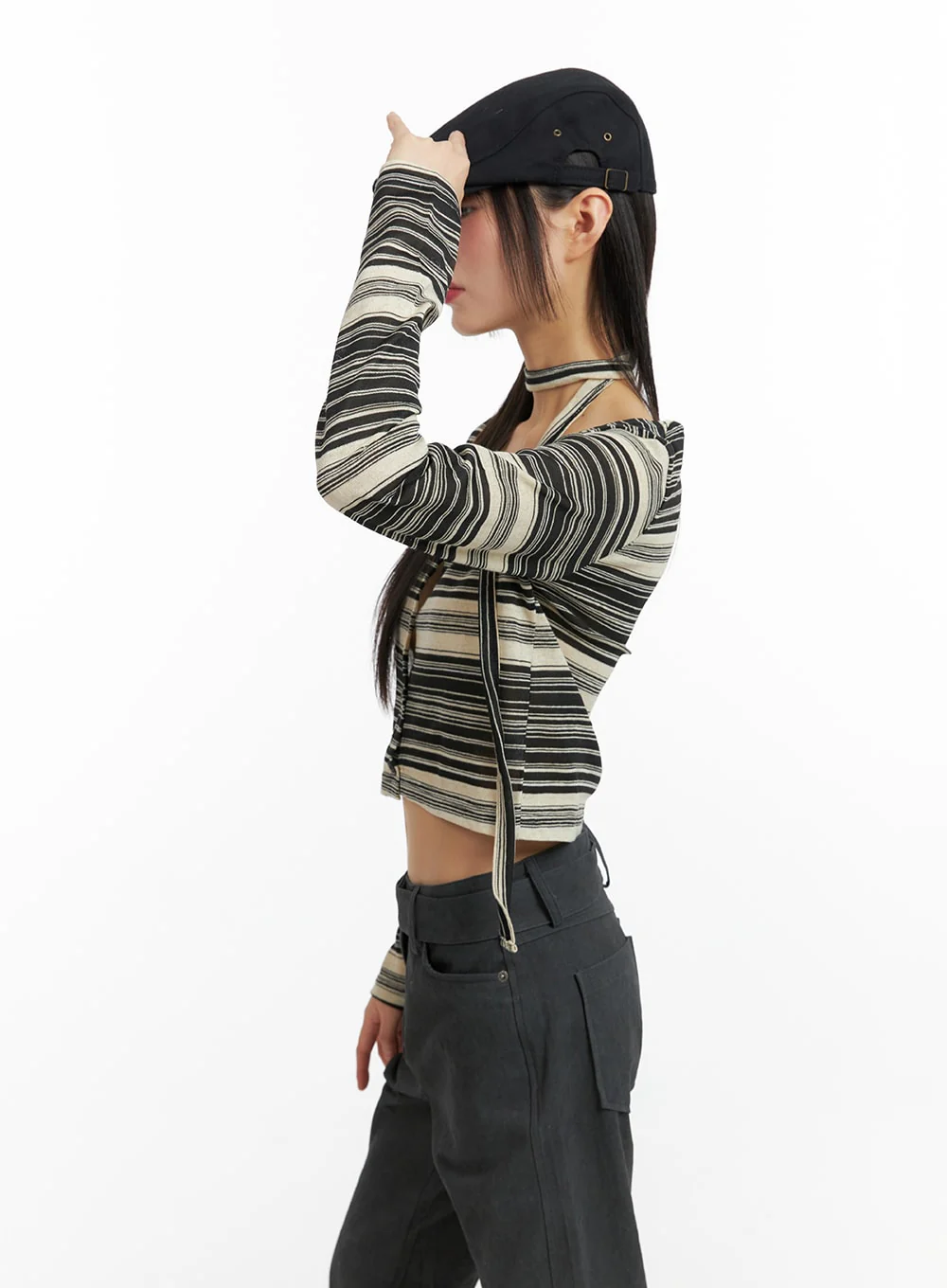Striped Button Cardigan with Scarf CF423 - Image 3