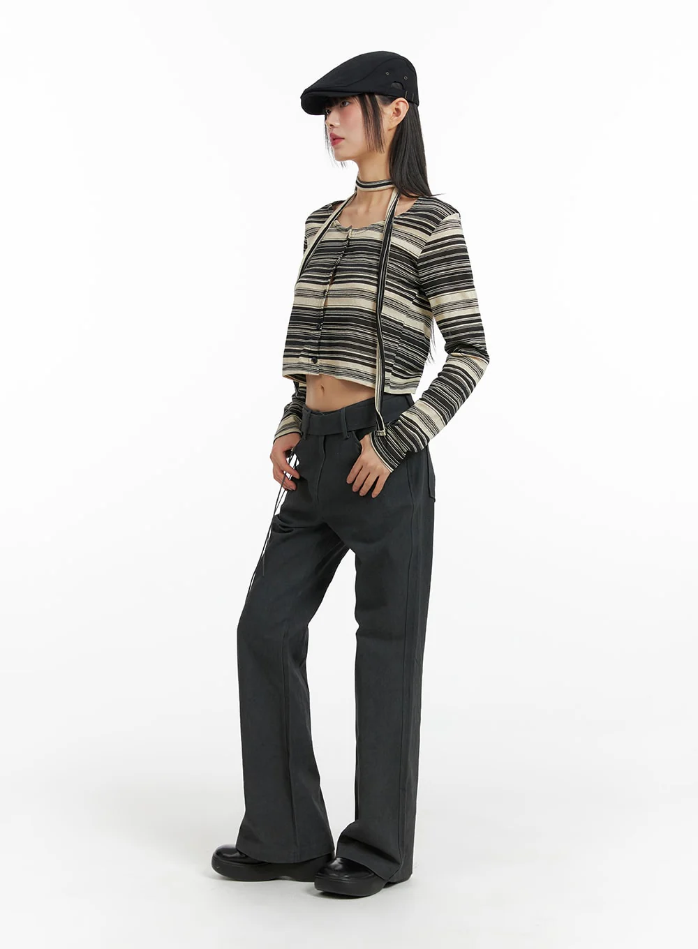 Striped Button Cardigan with Scarf CF423 - Image 5