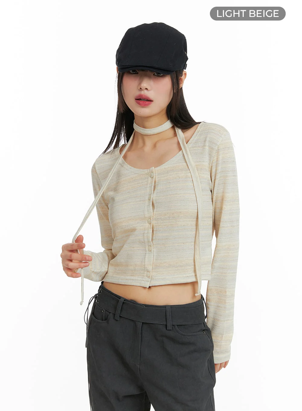 Striped Button Cardigan with Scarf CF423 - Image 8