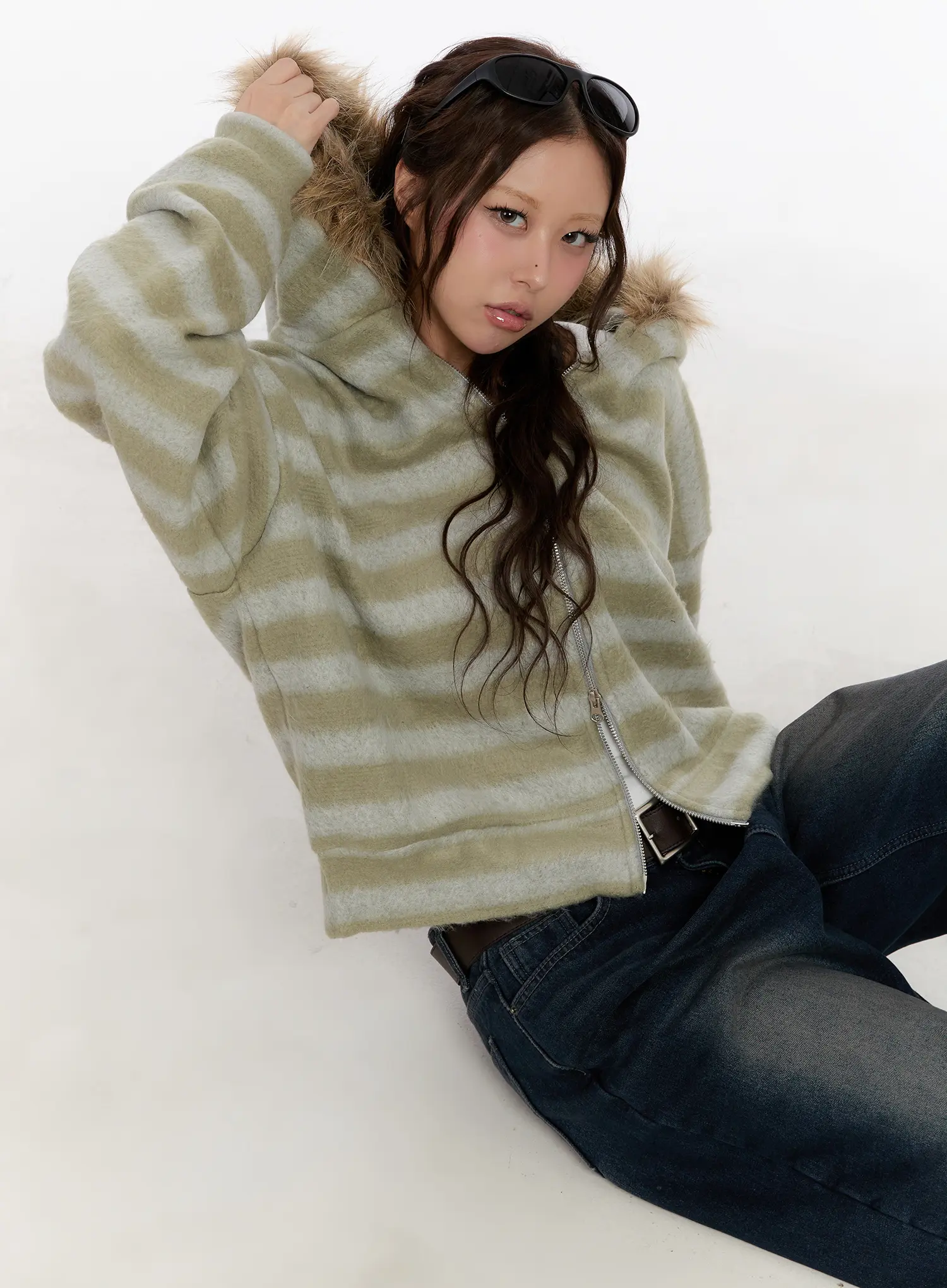 Striped Faux Fur Zip-Up Hoodie CN527