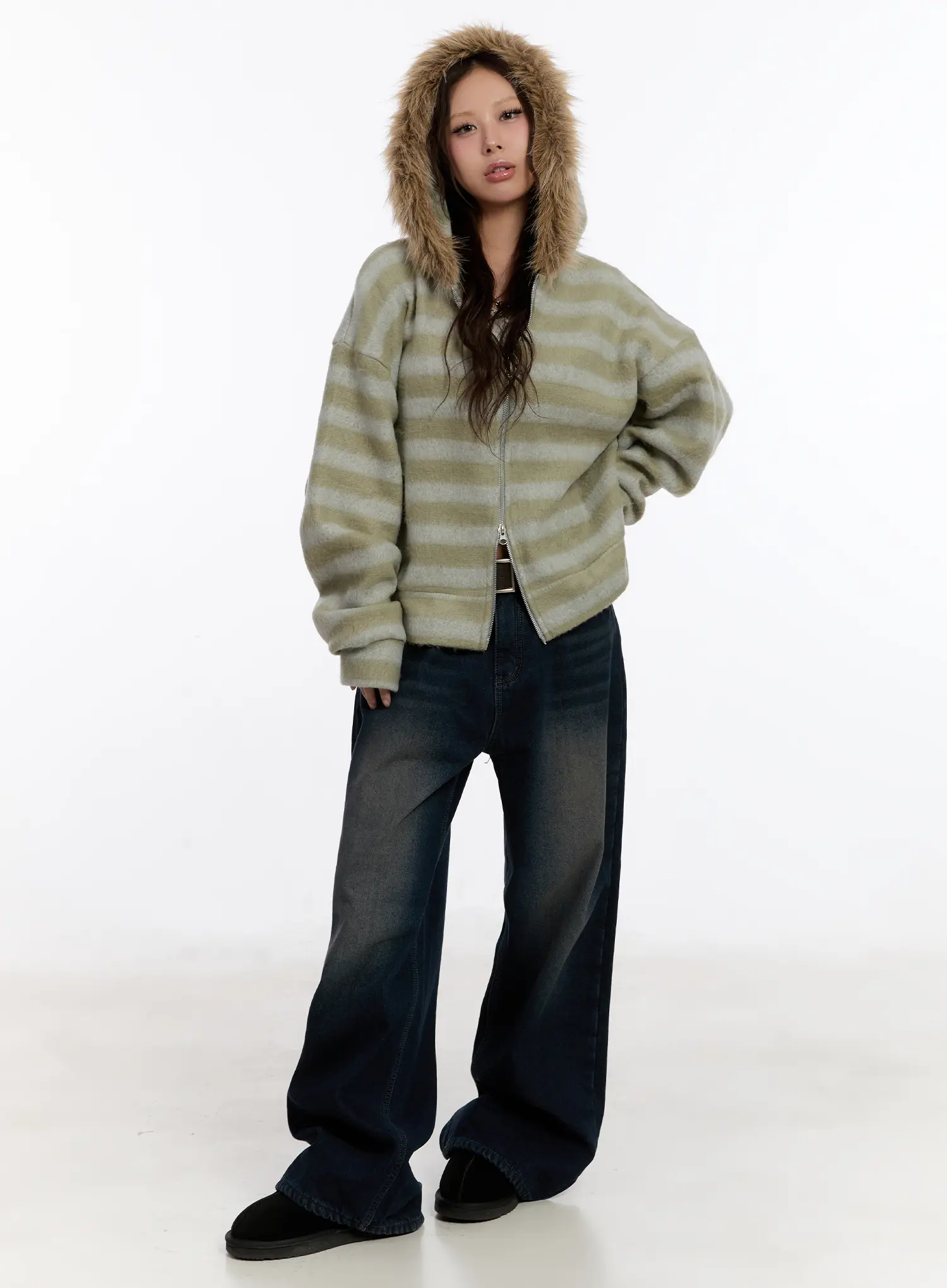 Striped Faux Fur Zip-Up Hoodie CN527 - Image 2