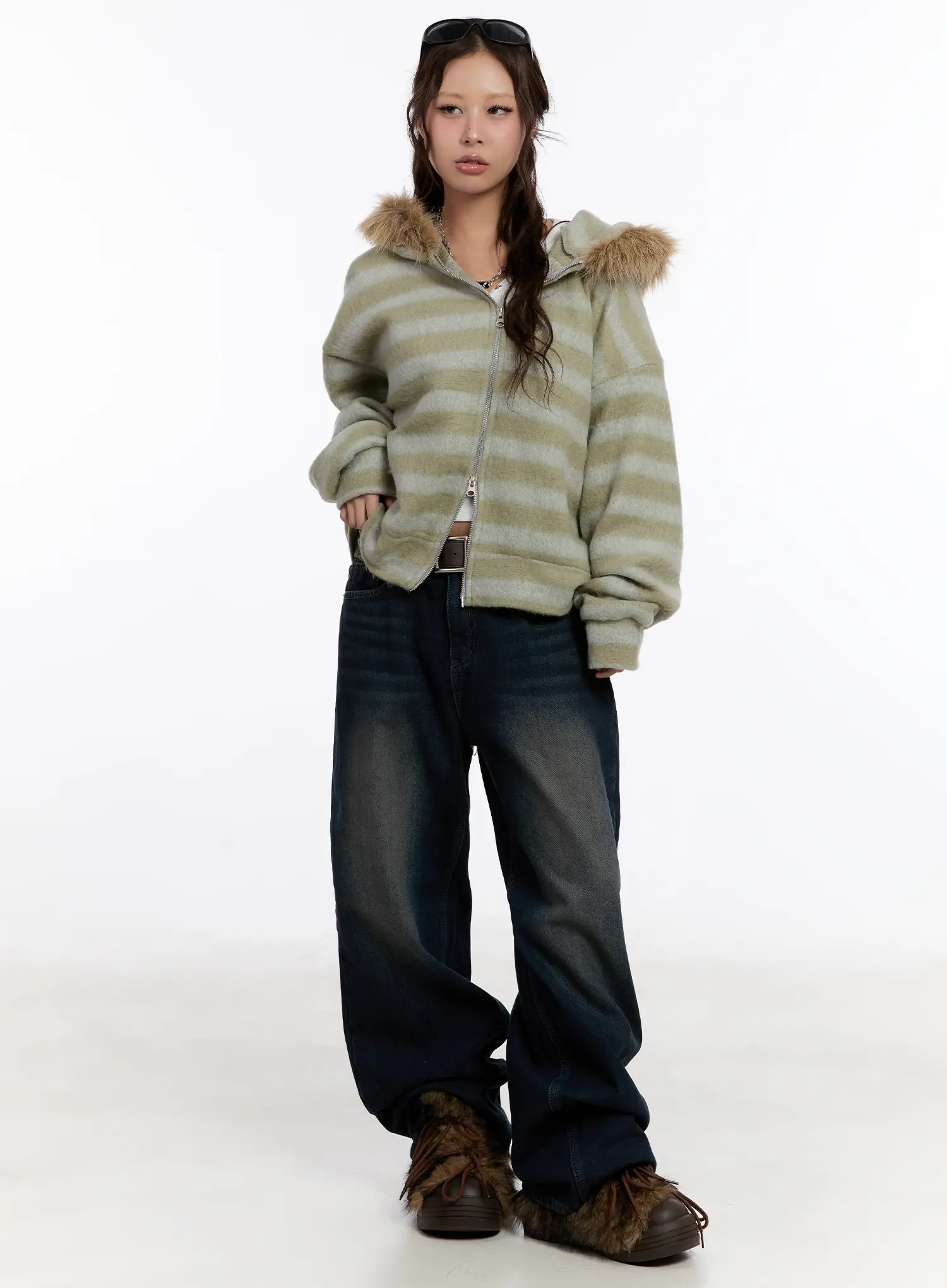Striped Faux Fur Zip-Up Hoodie CN527 - Image 5