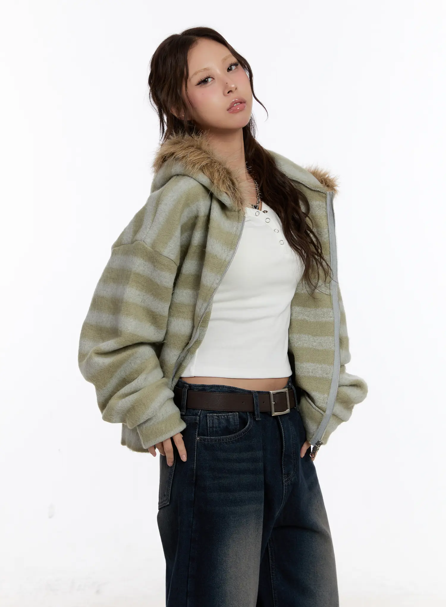 Striped Faux Fur Zip-Up Hoodie CN527 - Image 6