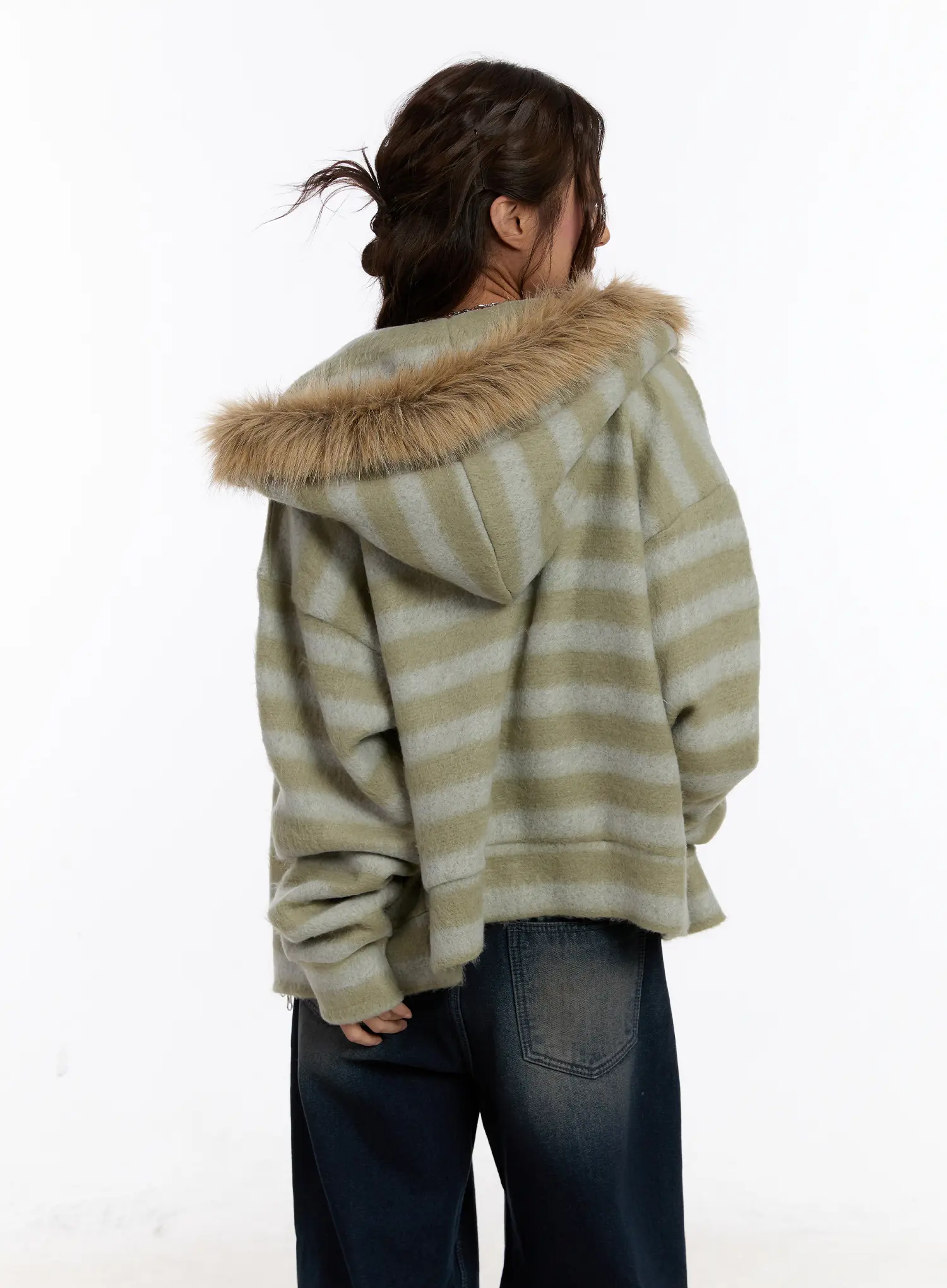 Striped Faux Fur Zip-Up Hoodie CN527 - Image 8