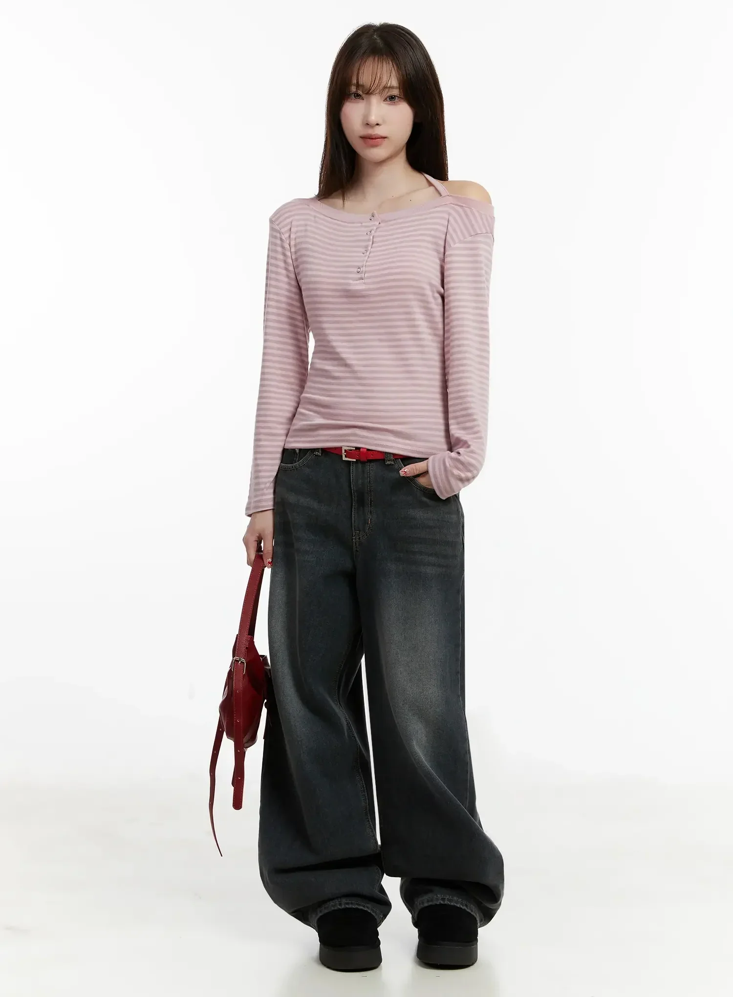 Striped Halter Neck Long Sleeve Top IJ521