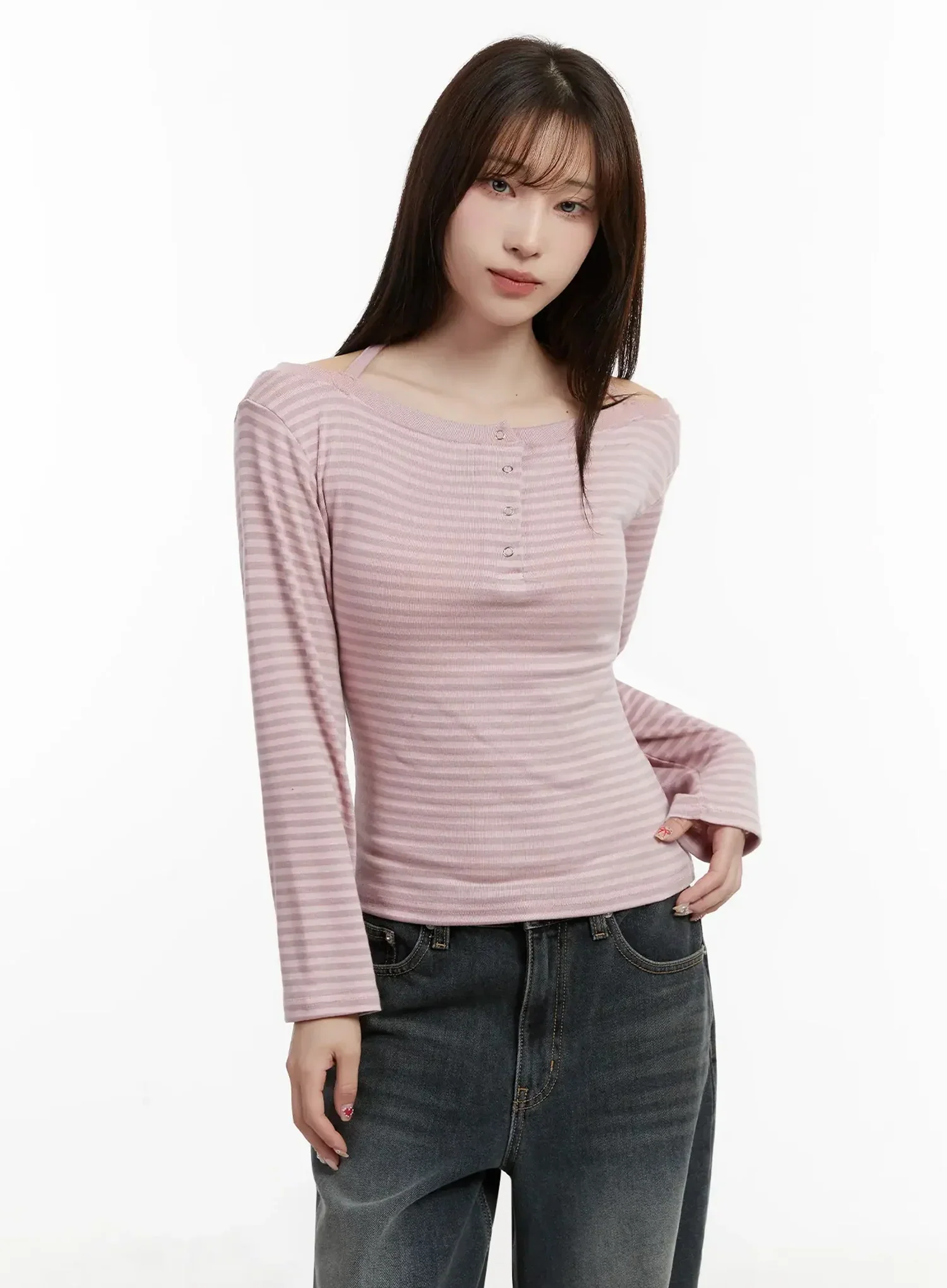 Striped Halter Neck Long Sleeve Top IJ521 - Image 2