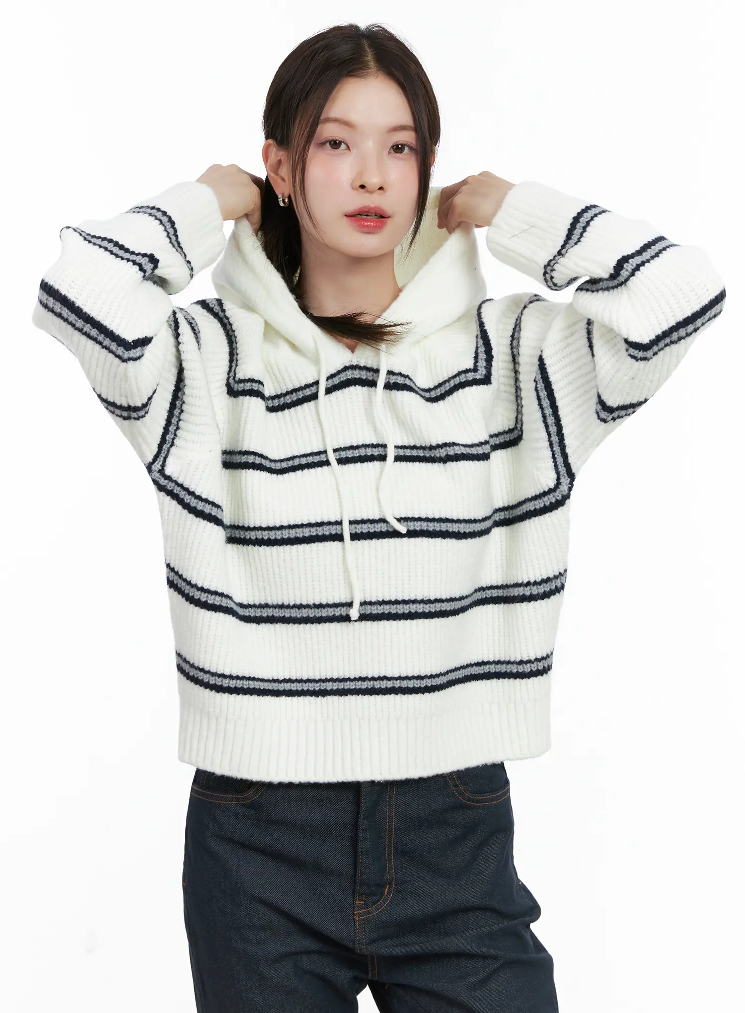 Striped Knit Hoodie Sweater CN518