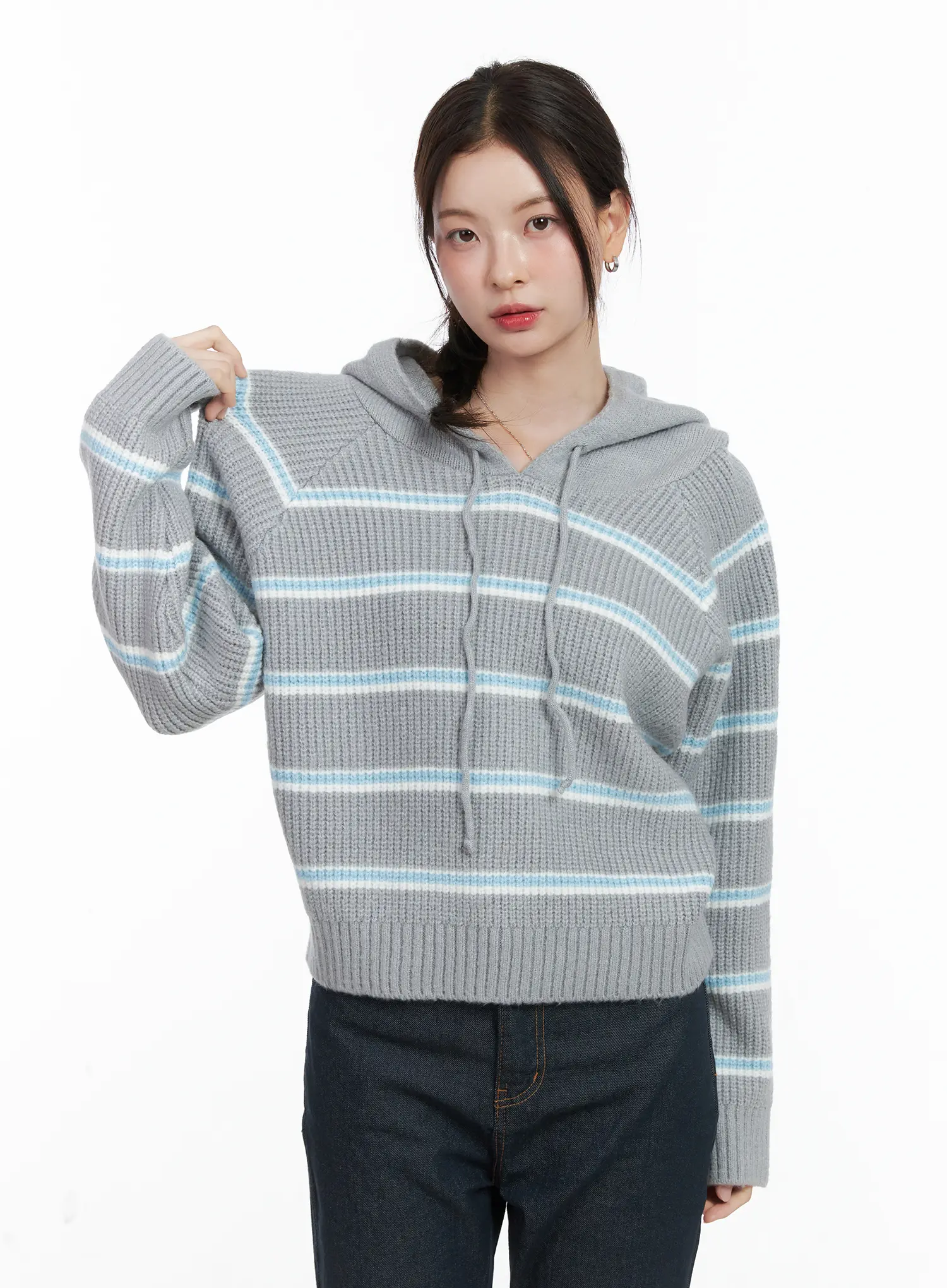 Striped Knit Hoodie Sweater CN518 - Image 8