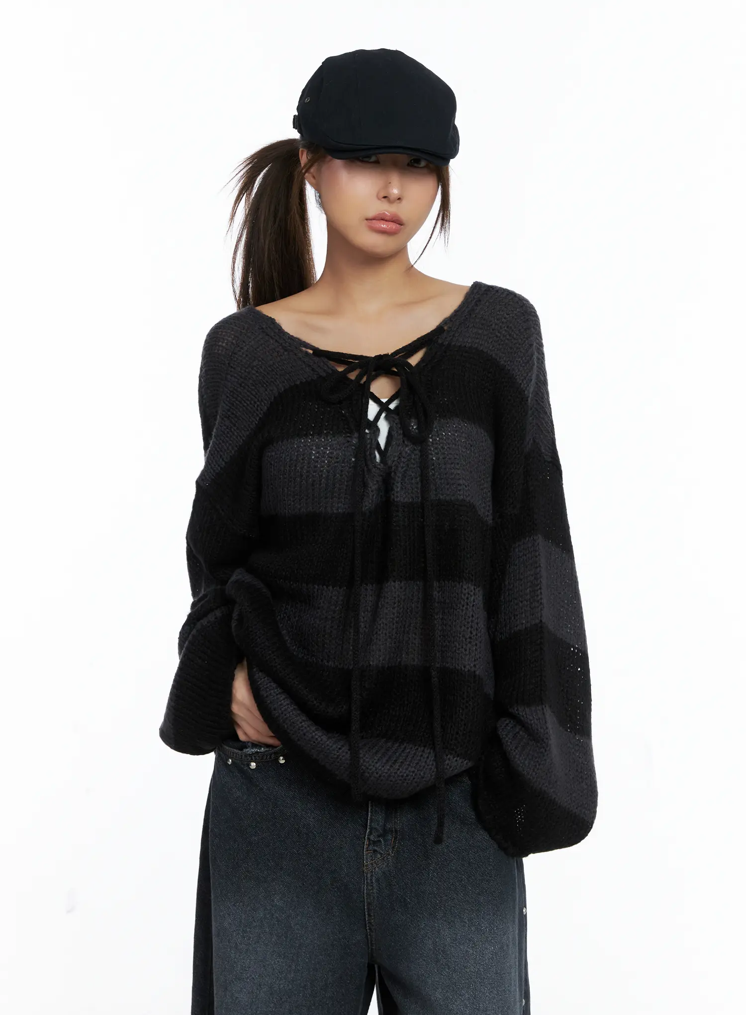Striped Lace-Up Long-Sleeve Knit Top CS505 - Image 10