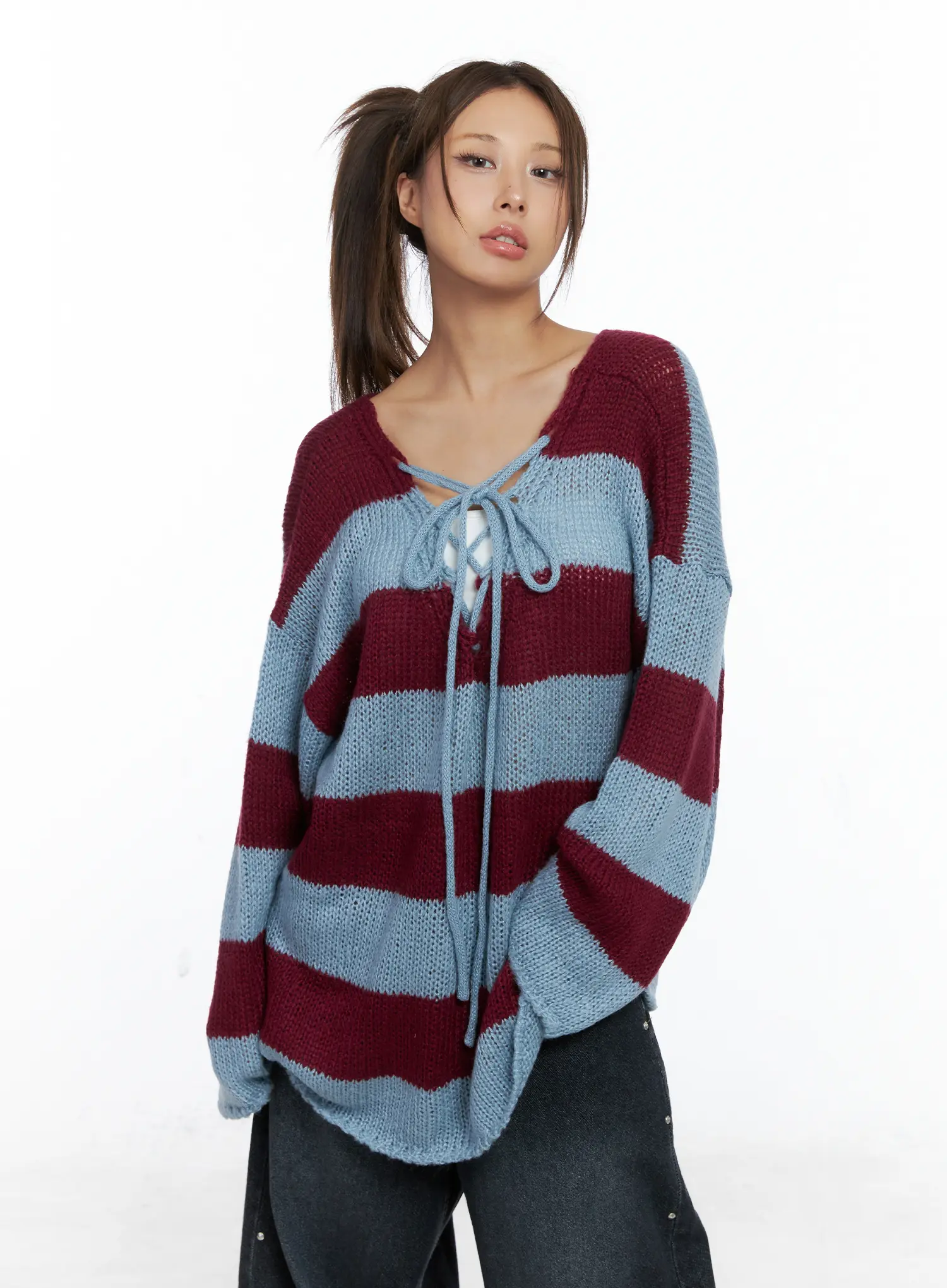 Striped Lace-Up Long-Sleeve Knit Top CS505 - Image 9