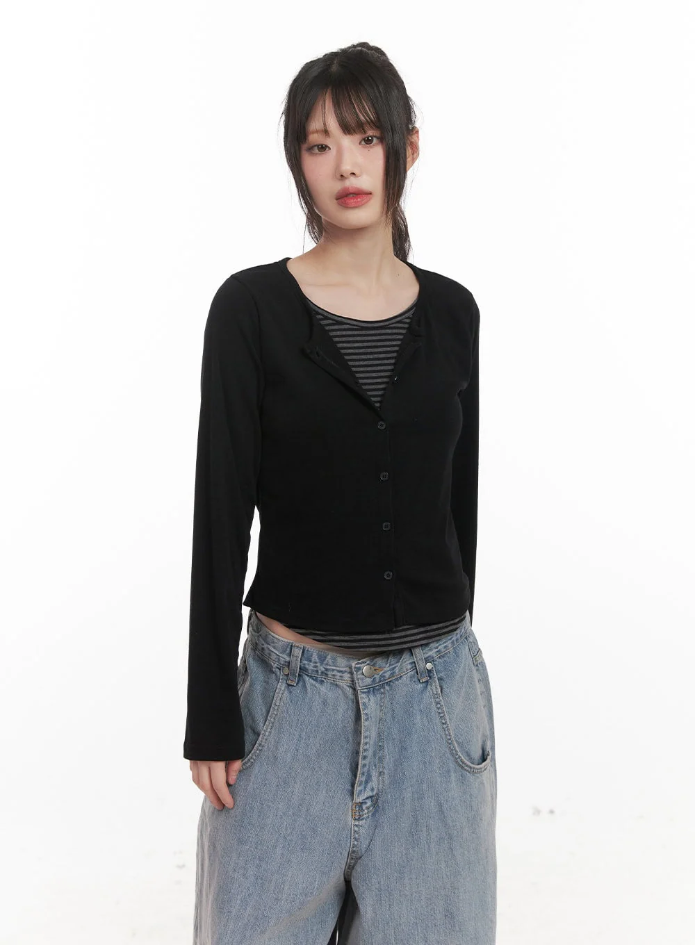 Striped Layered Buttoned Cardigan CJ528 - Image 7