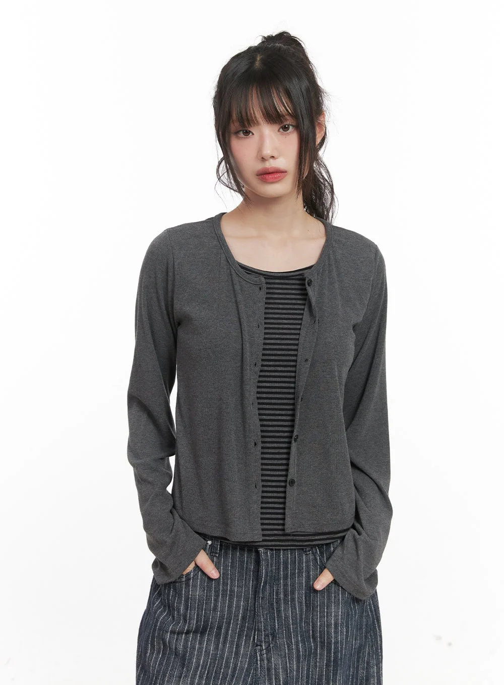 Striped Layered Buttoned Cardigan CJ528 - Image 8