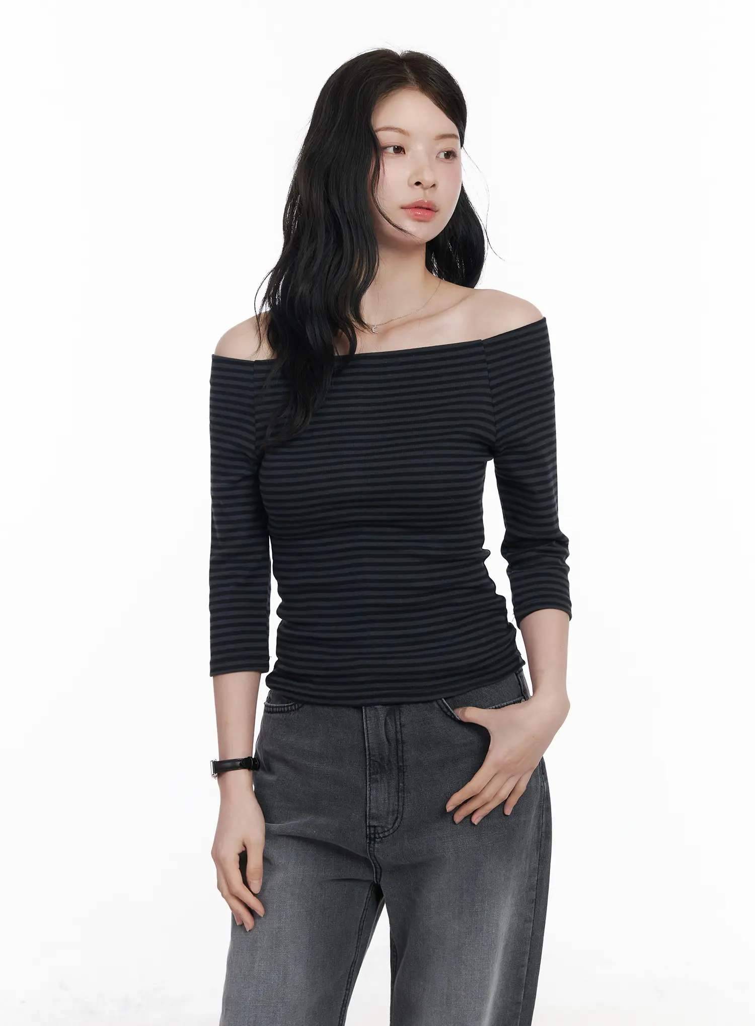 Striped Off-Shoulder 3/4 Sleeve Top CA510 - Image 2