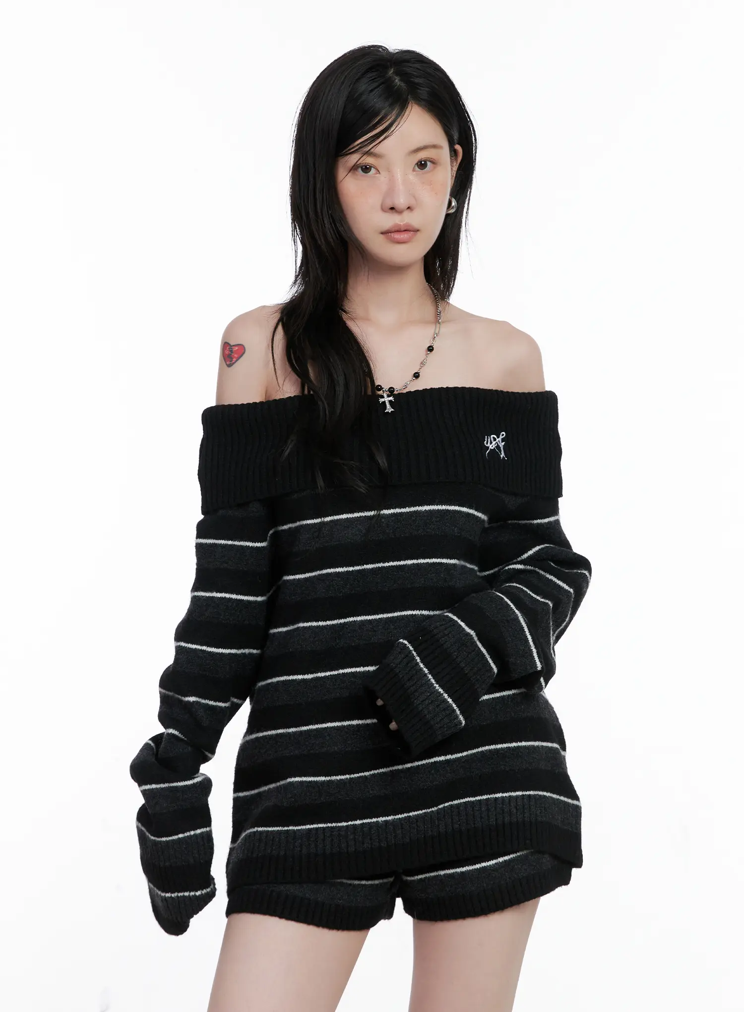 Striped Off-Shoulder Sweater and Shorts Set CS529 - Image 13