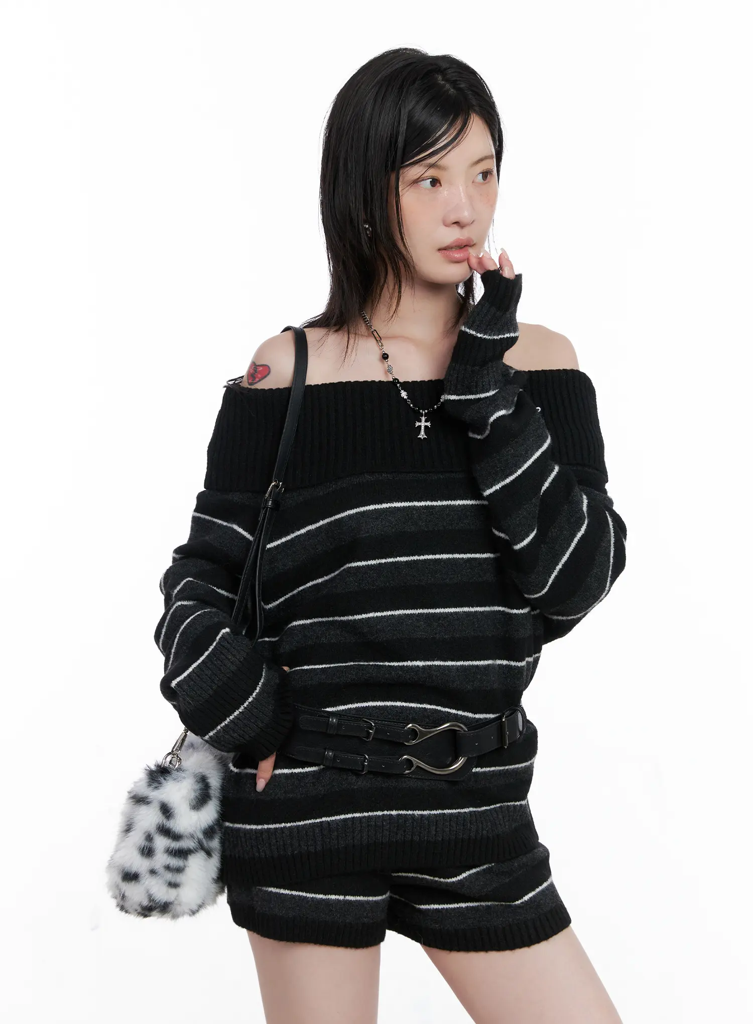 Striped Off-Shoulder Sweater and Shorts Set CS529 - Image 2