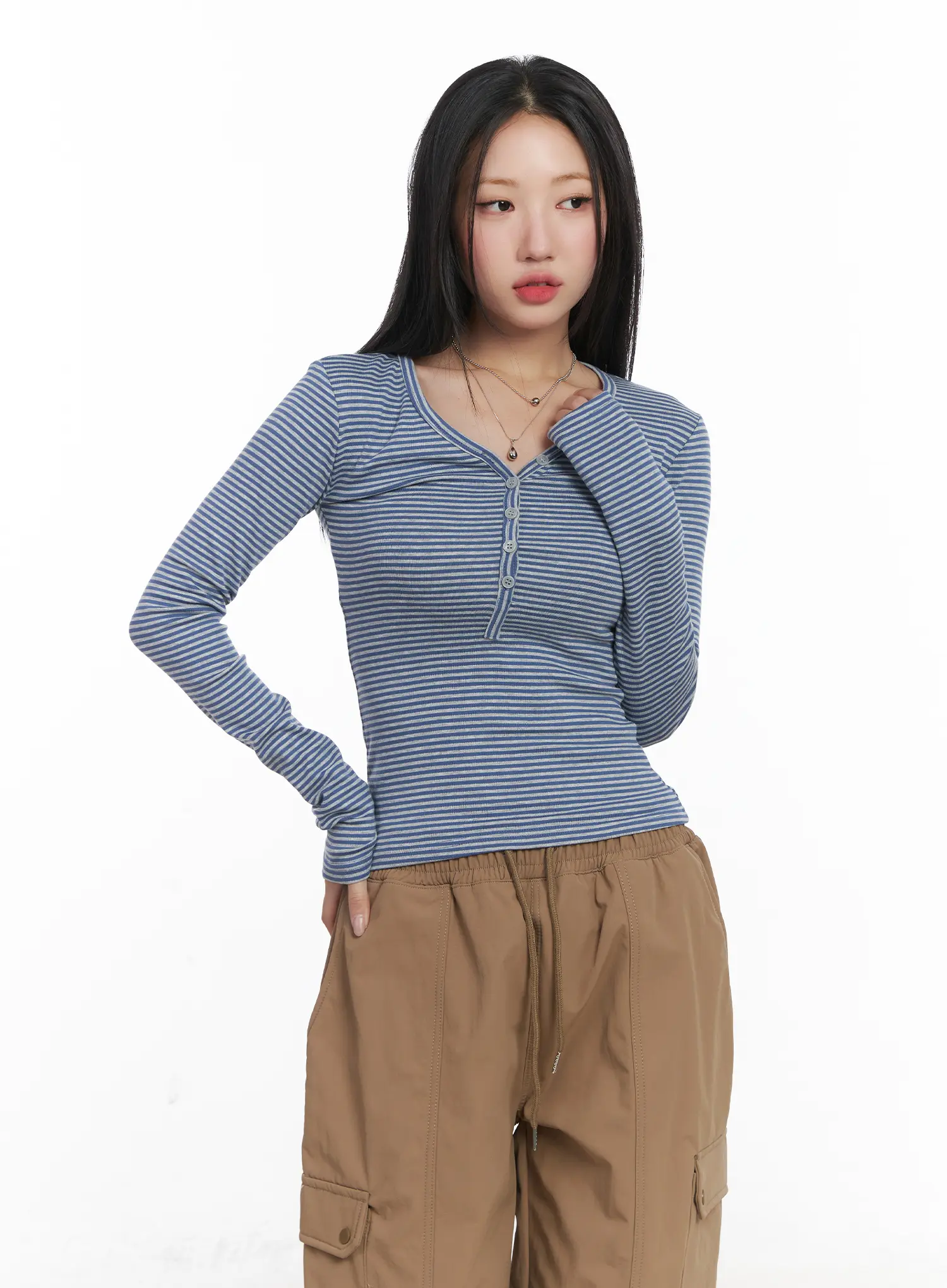 Striped Ribbed Long Sleeve Tee CD530 - Image 9