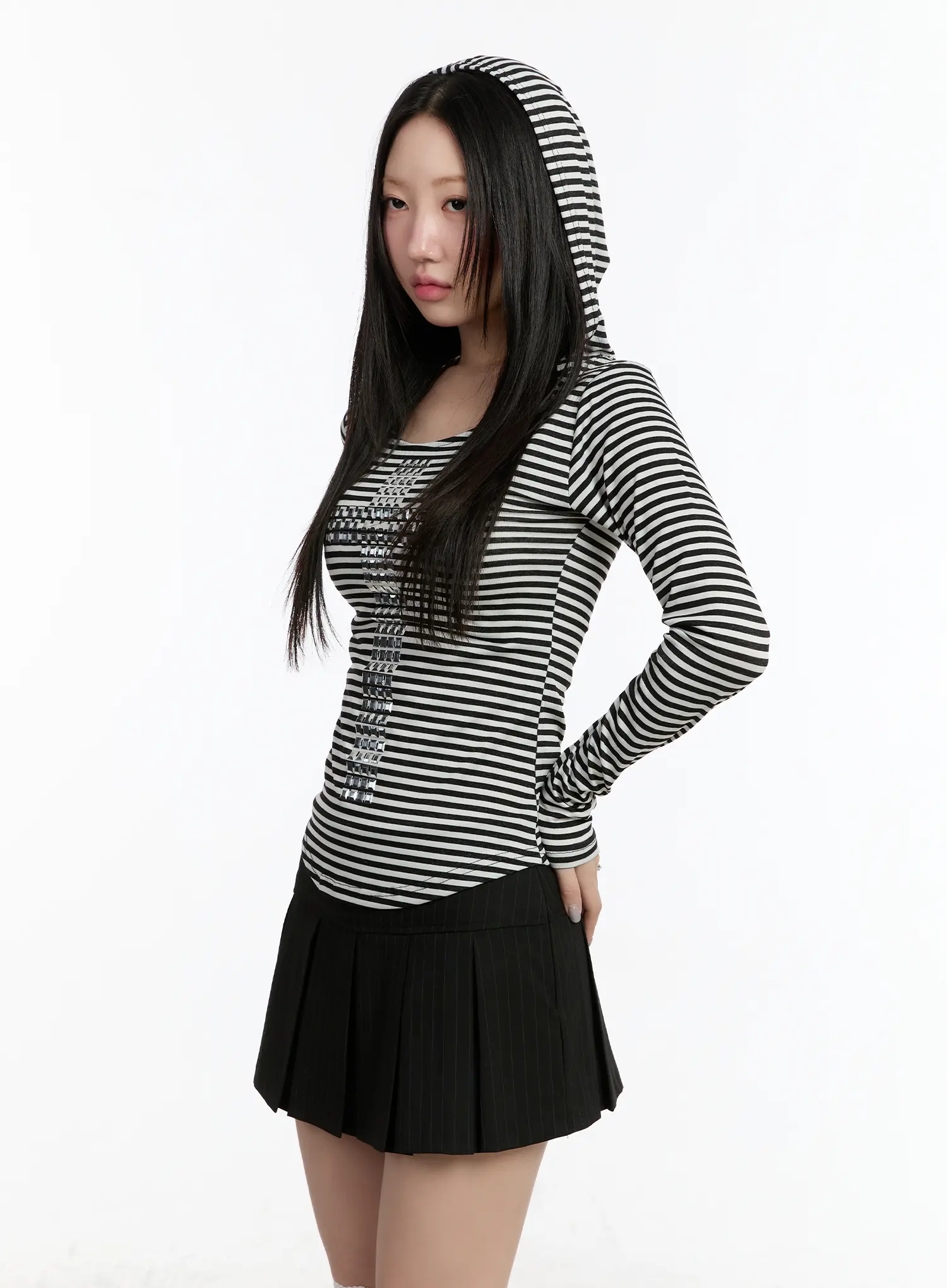 Striped Studded Long Sleeve Hoodie CM511 - Image 2