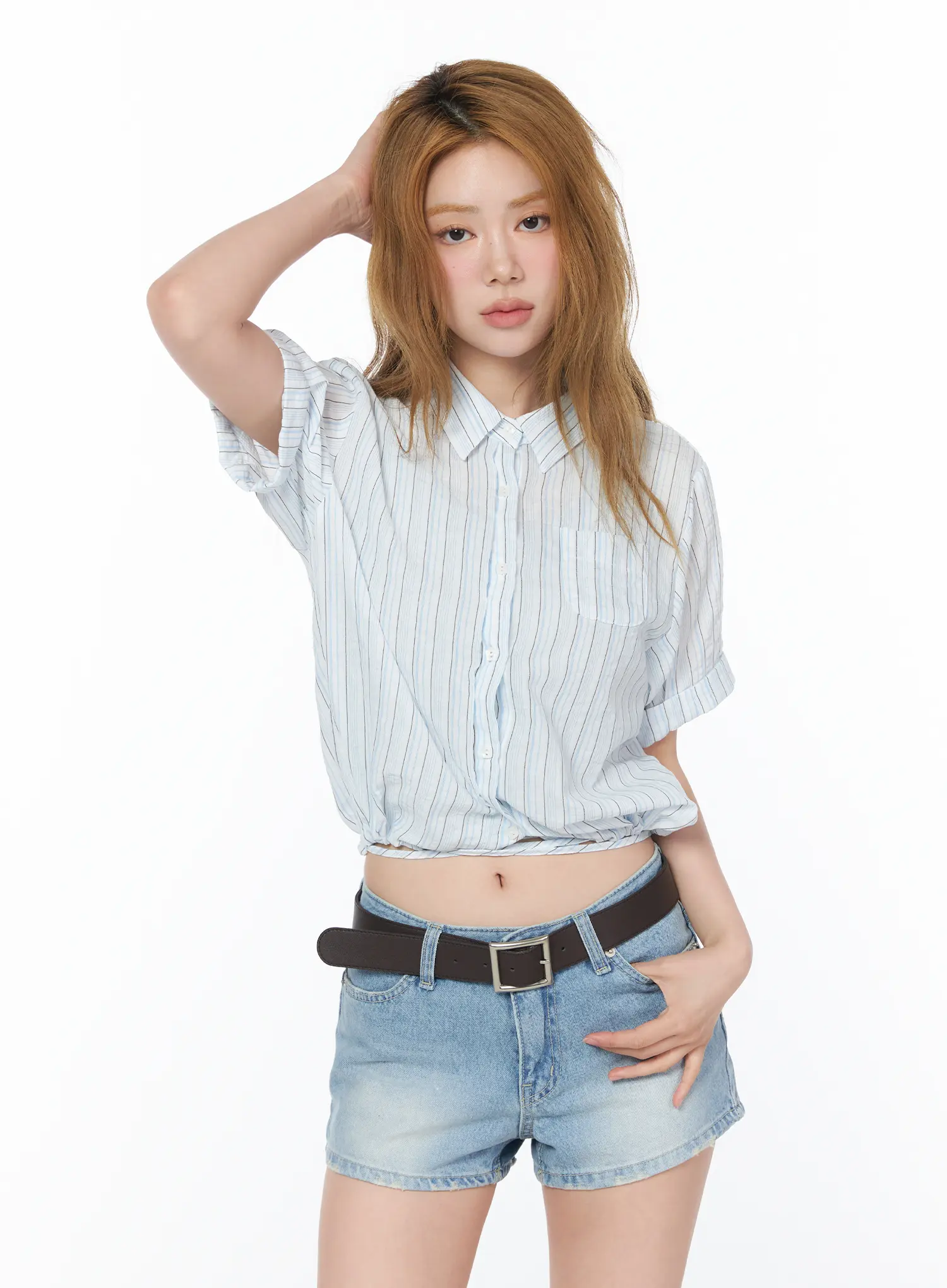 Striped Tie-Front Short Sleeve Shirt CY505 - Image 13