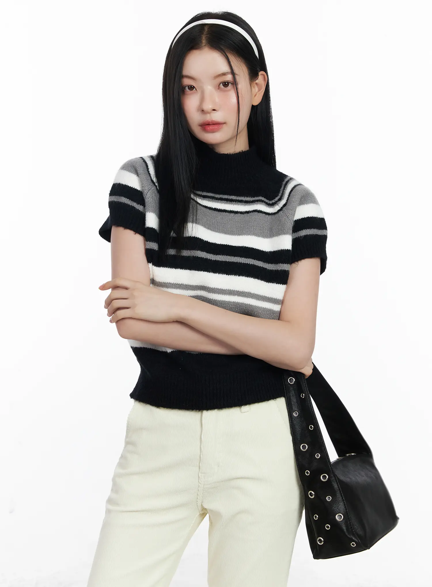 Striped Turtleneck Short Sleeve Knit Top CJ520