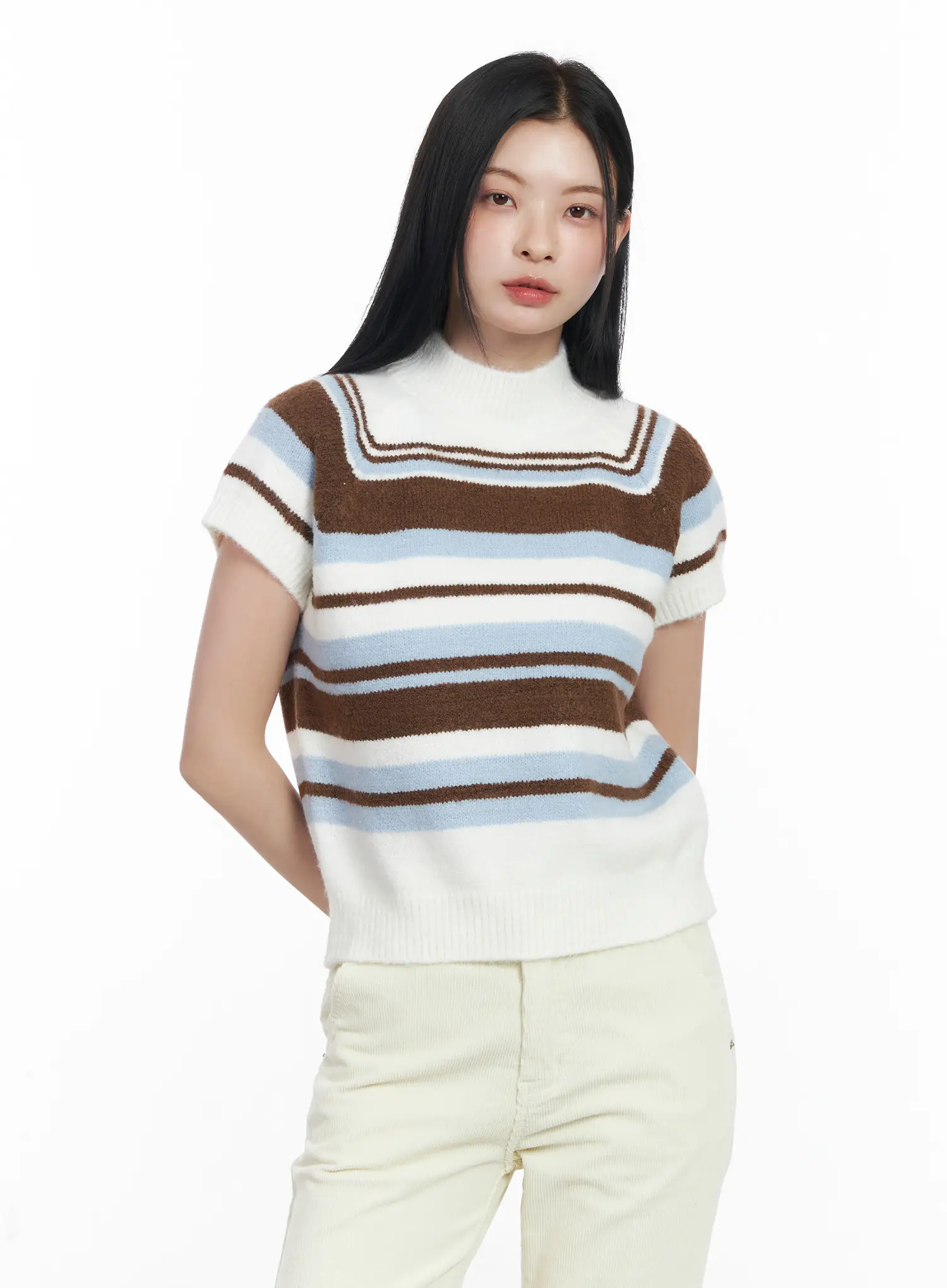 Striped Turtleneck Short Sleeve Knit Top CJ520 - Image 10