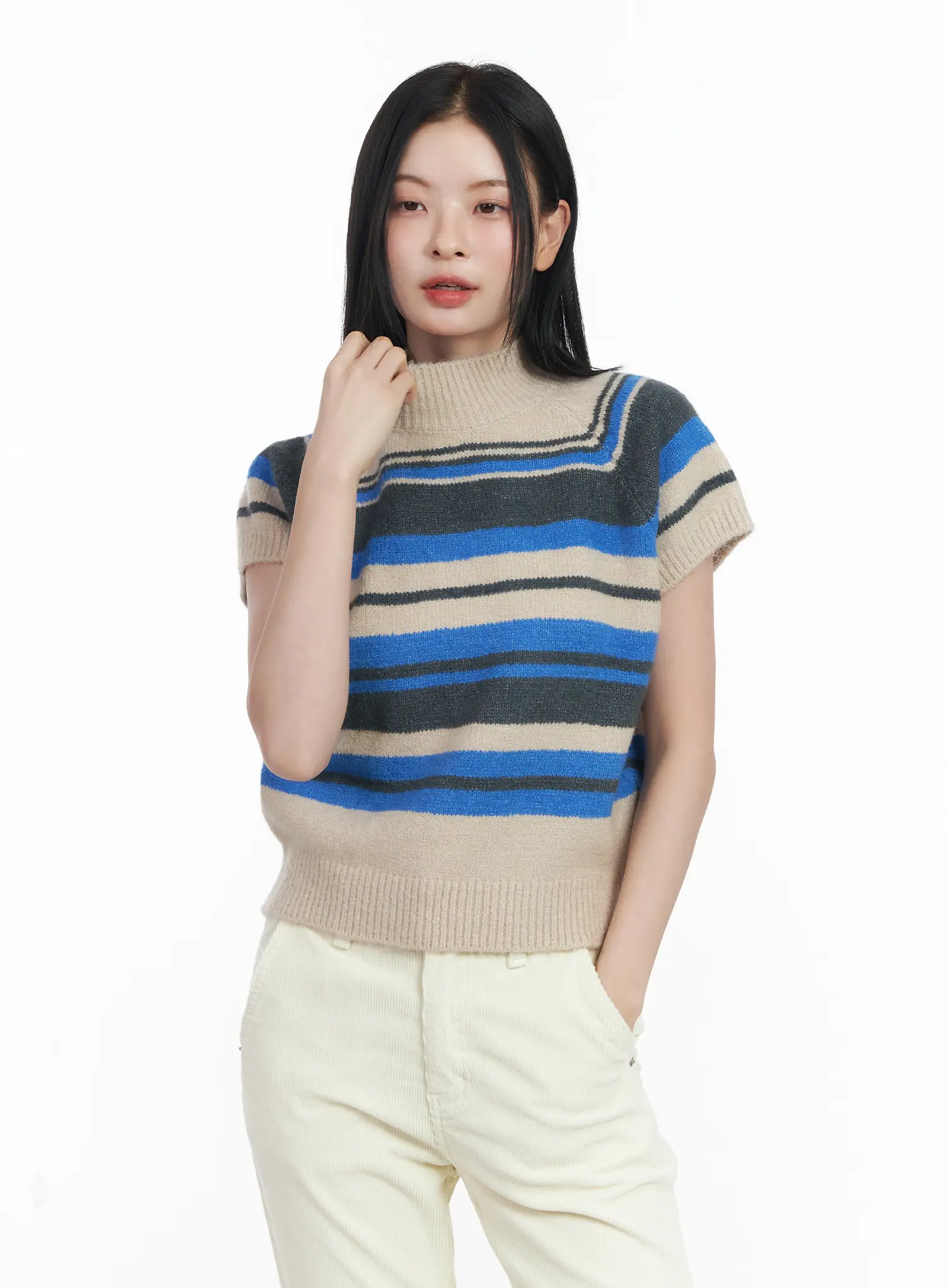 Striped Turtleneck Short Sleeve Knit Top CJ520 - Image 11