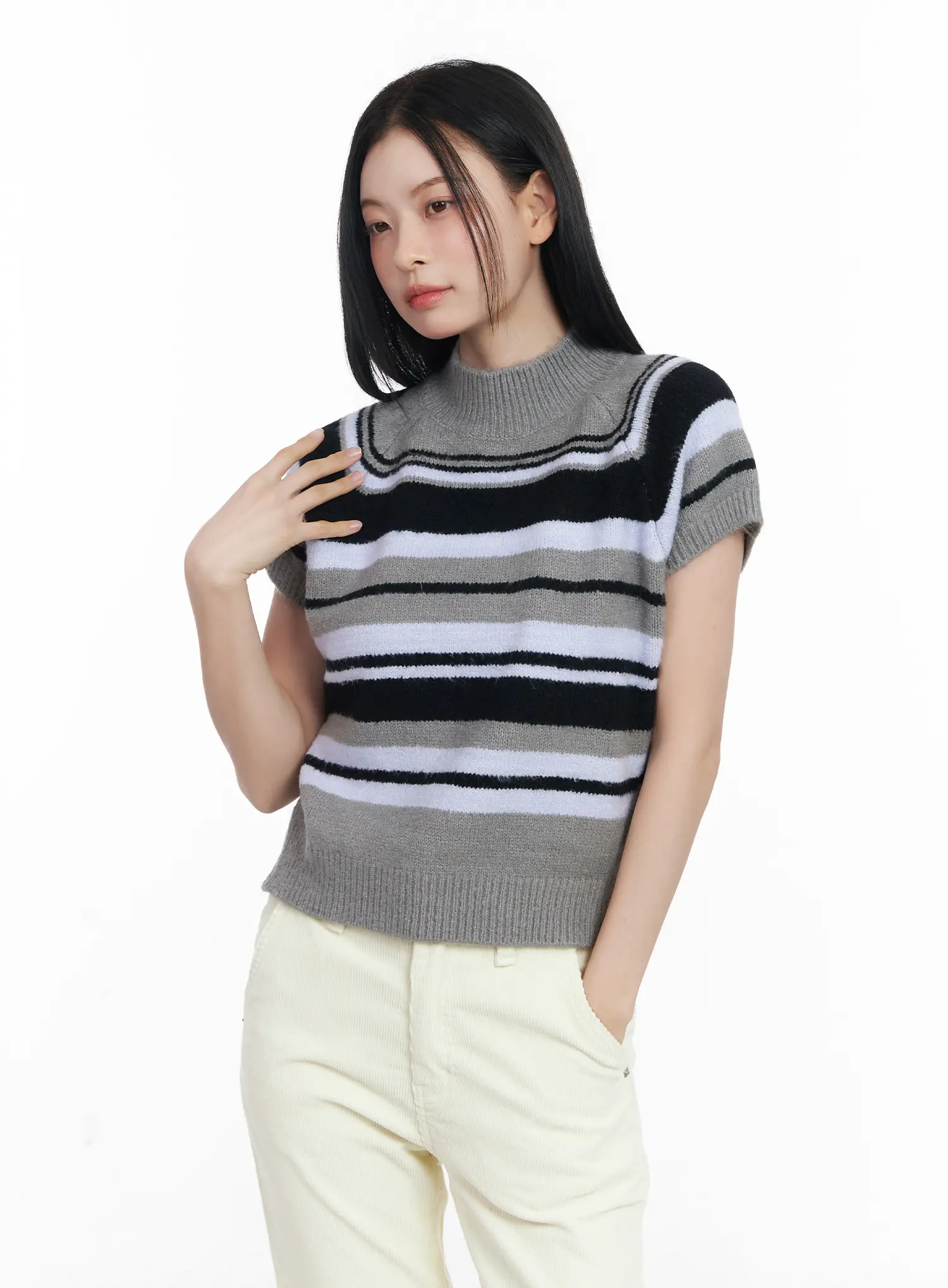 Striped Turtleneck Short Sleeve Knit Top CJ520 - Image 12