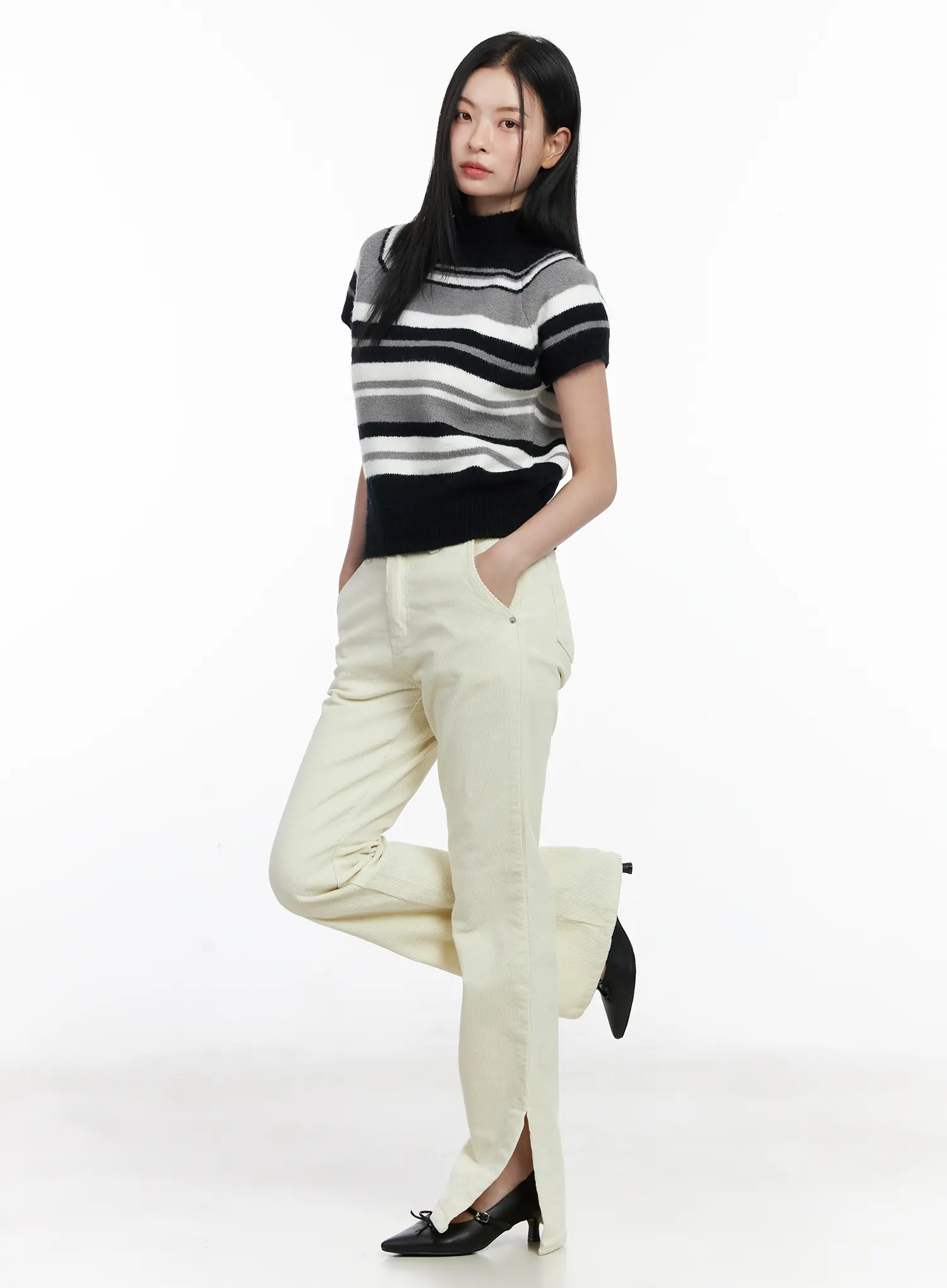 Striped Turtleneck Short Sleeve Knit Top CJ520 - Image 4