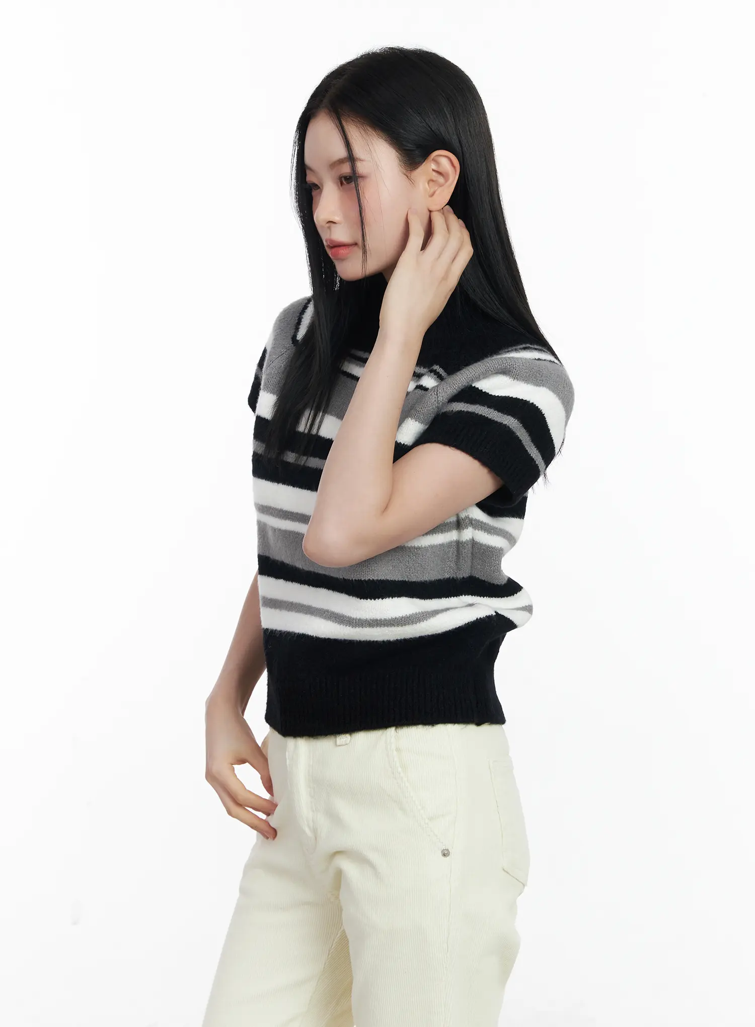Striped Turtleneck Short Sleeve Knit Top CJ520 - Image 6