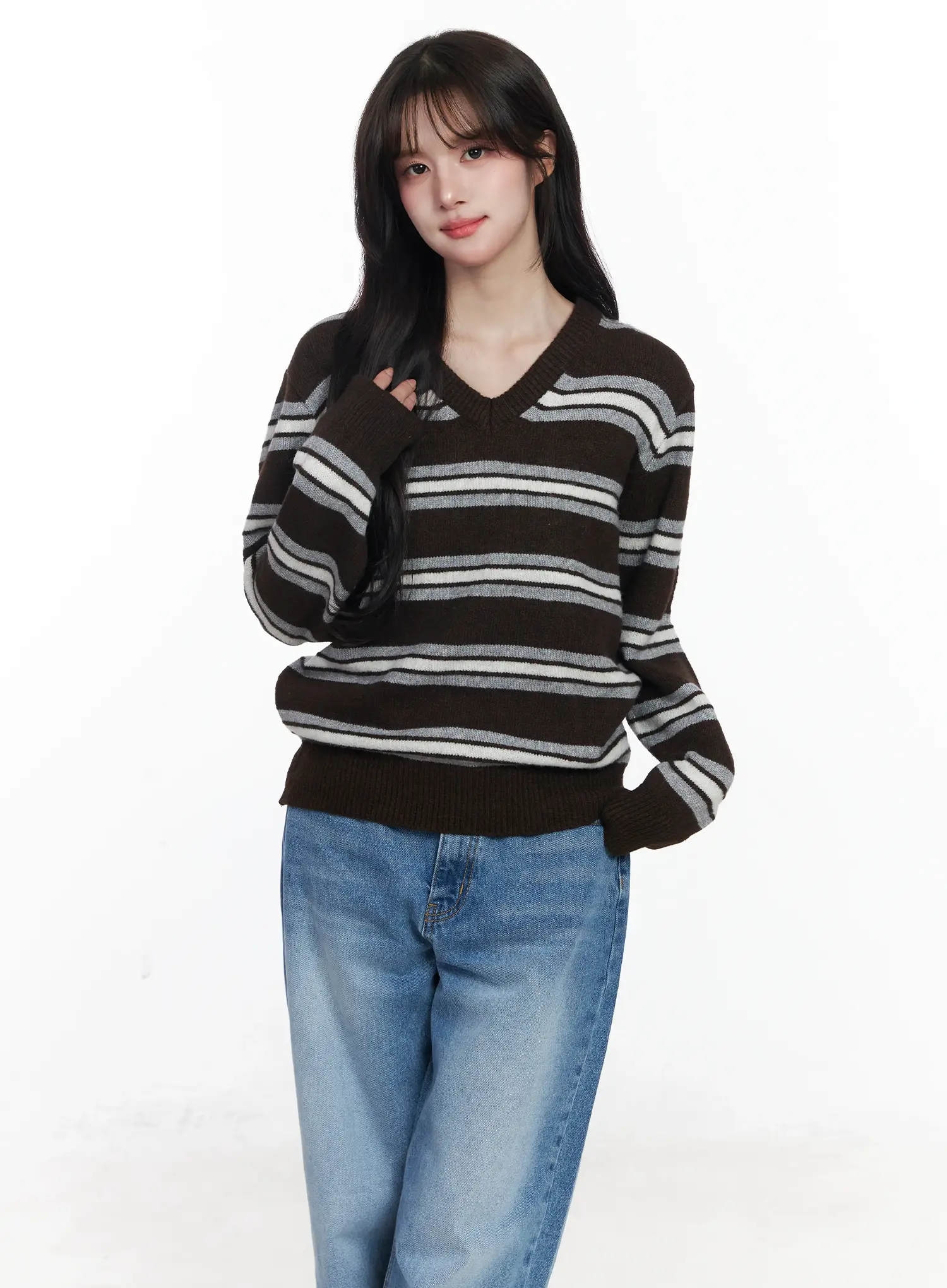 Striped V-Neck Knit Sweater IJ529 - Image 12