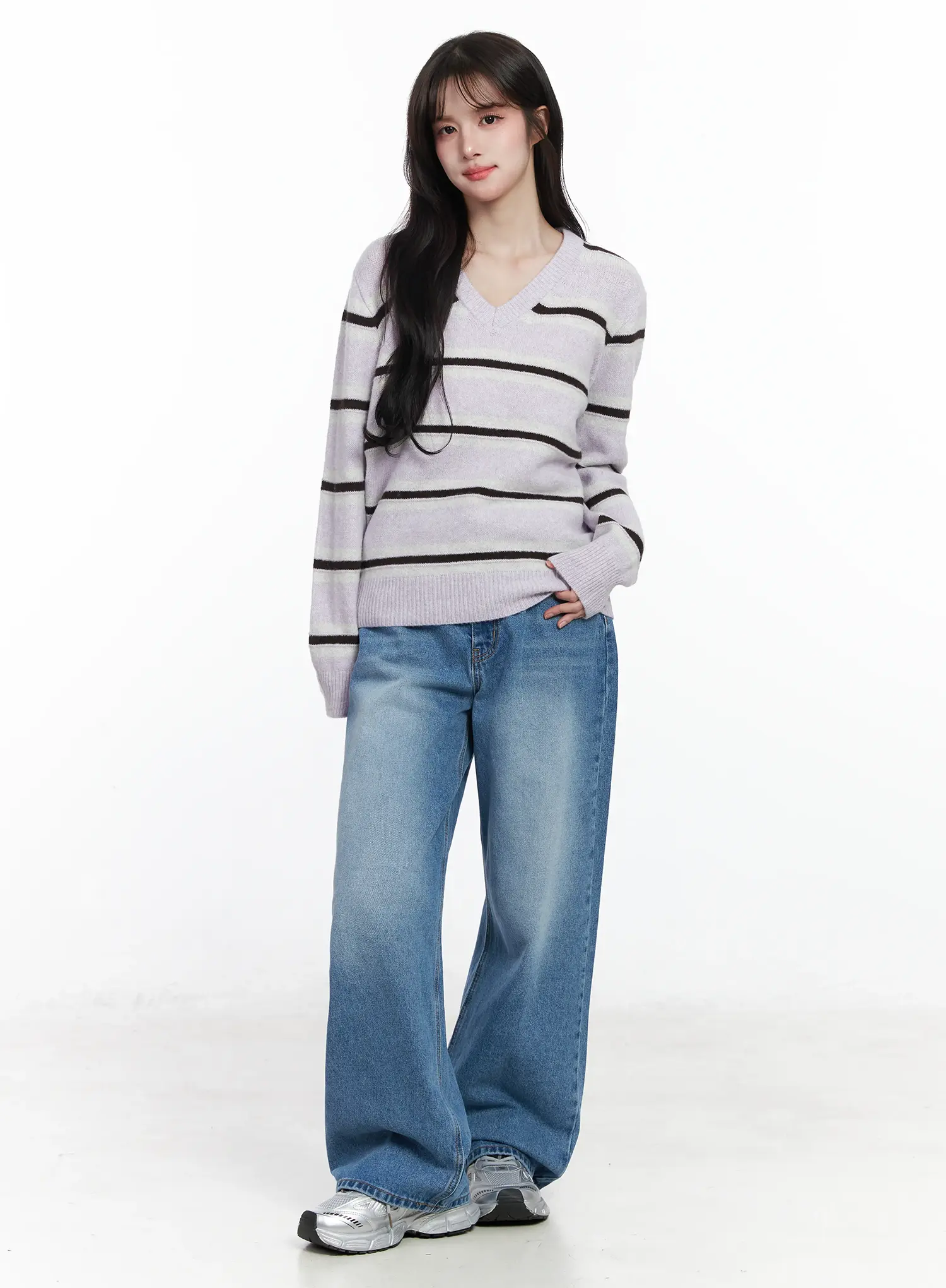 Striped V-Neck Knit Sweater IJ529 - Image 6