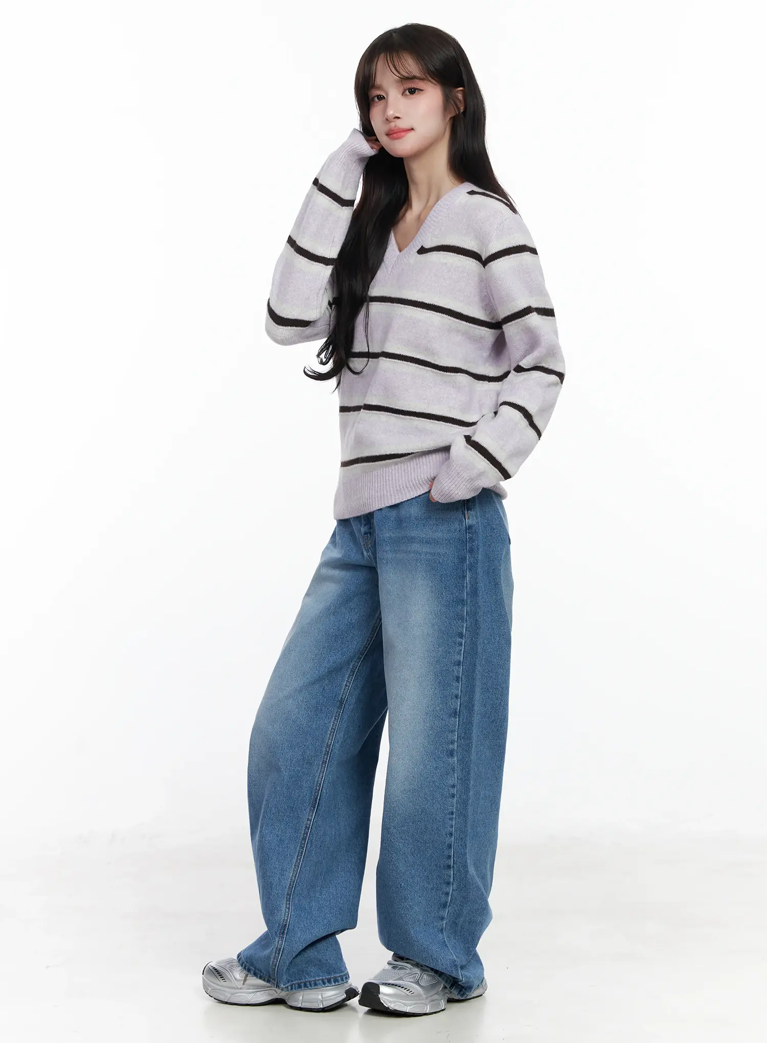 Striped V-Neck Knit Sweater IJ529 - Image 7